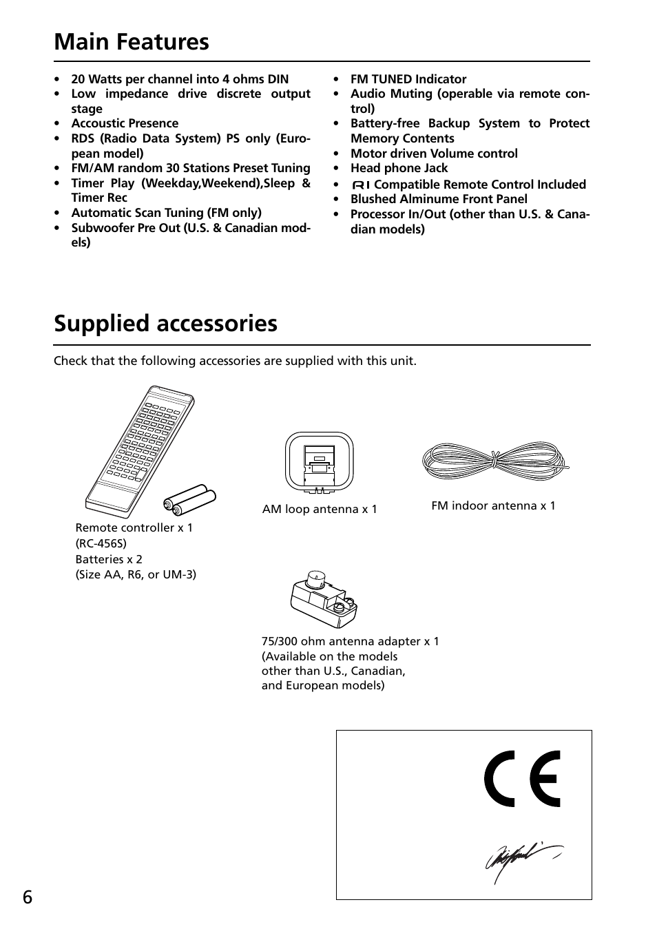 Supplied accessories, Main features | Onkyo R-805X User Manual | Page 6 / 52