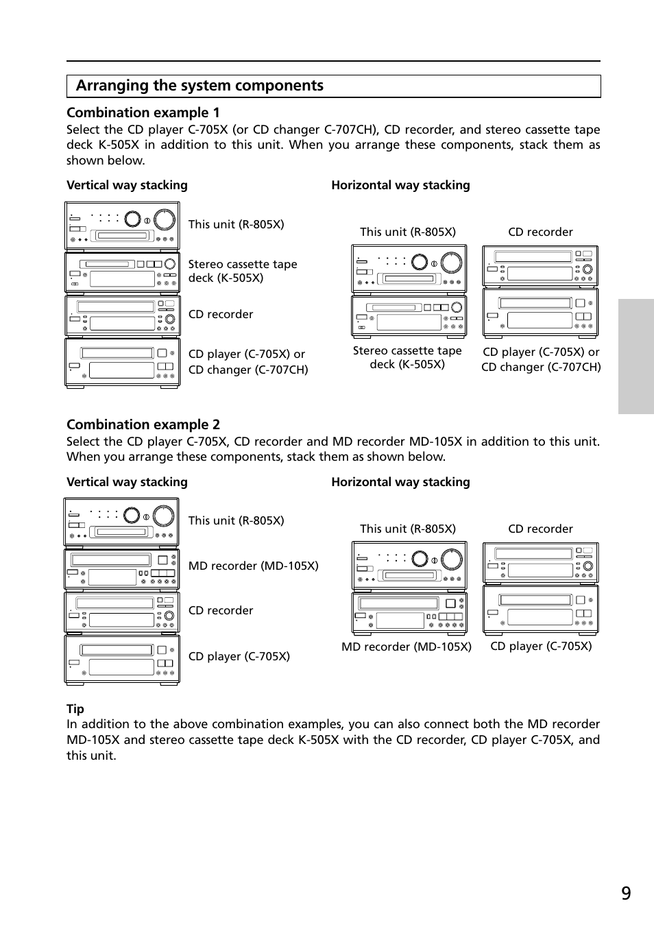 Arranging the system components, Combination example 1, Combination example 2 | Onkyo R-805X User Manual | Page 9 / 52