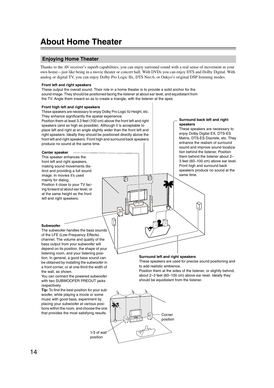 About home theater, Enjoying home theater | Onkyo 29400095 User Manual | Page 14 / 104