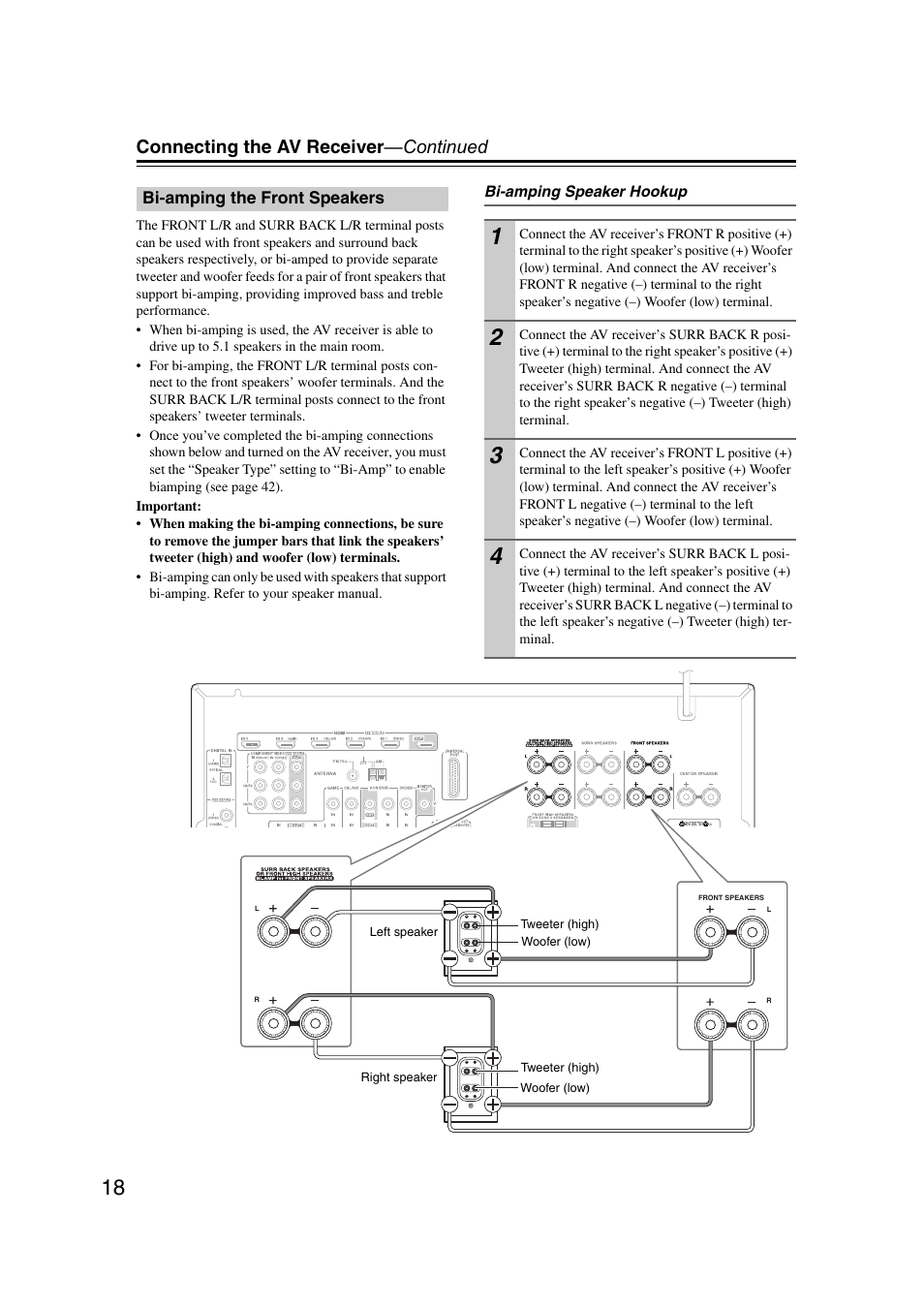 Bi-amping the front speakers, Connecting the av receiver —continued | Onkyo 29400095 User Manual | Page 18 / 104