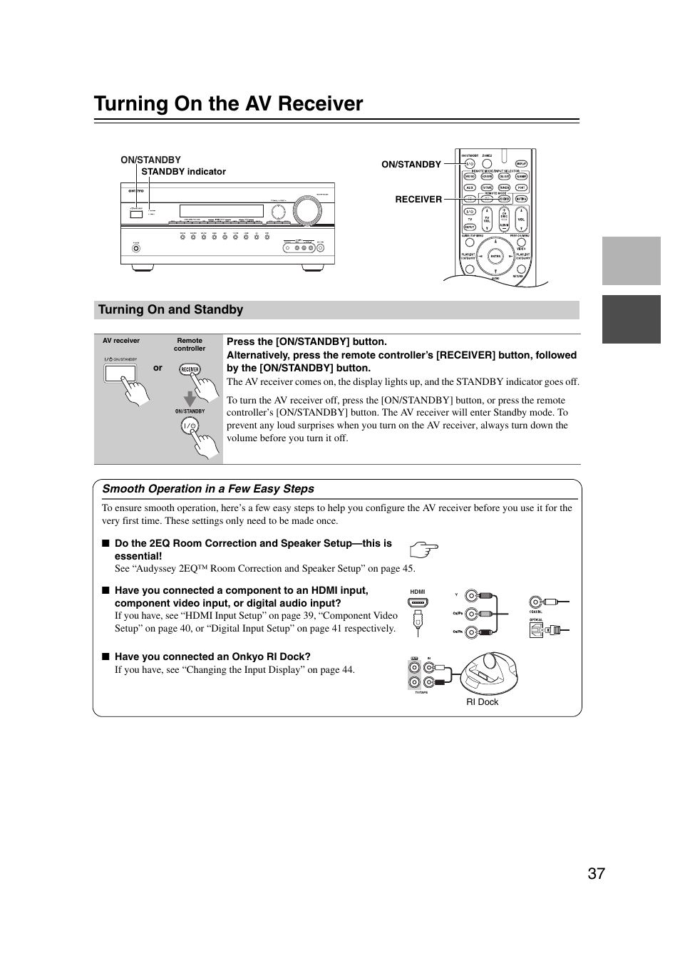 Turning on the av receiver, Turning on and standby, Turning on & first time setup | Tton (37) | Onkyo 29400095 User Manual | Page 37 / 104