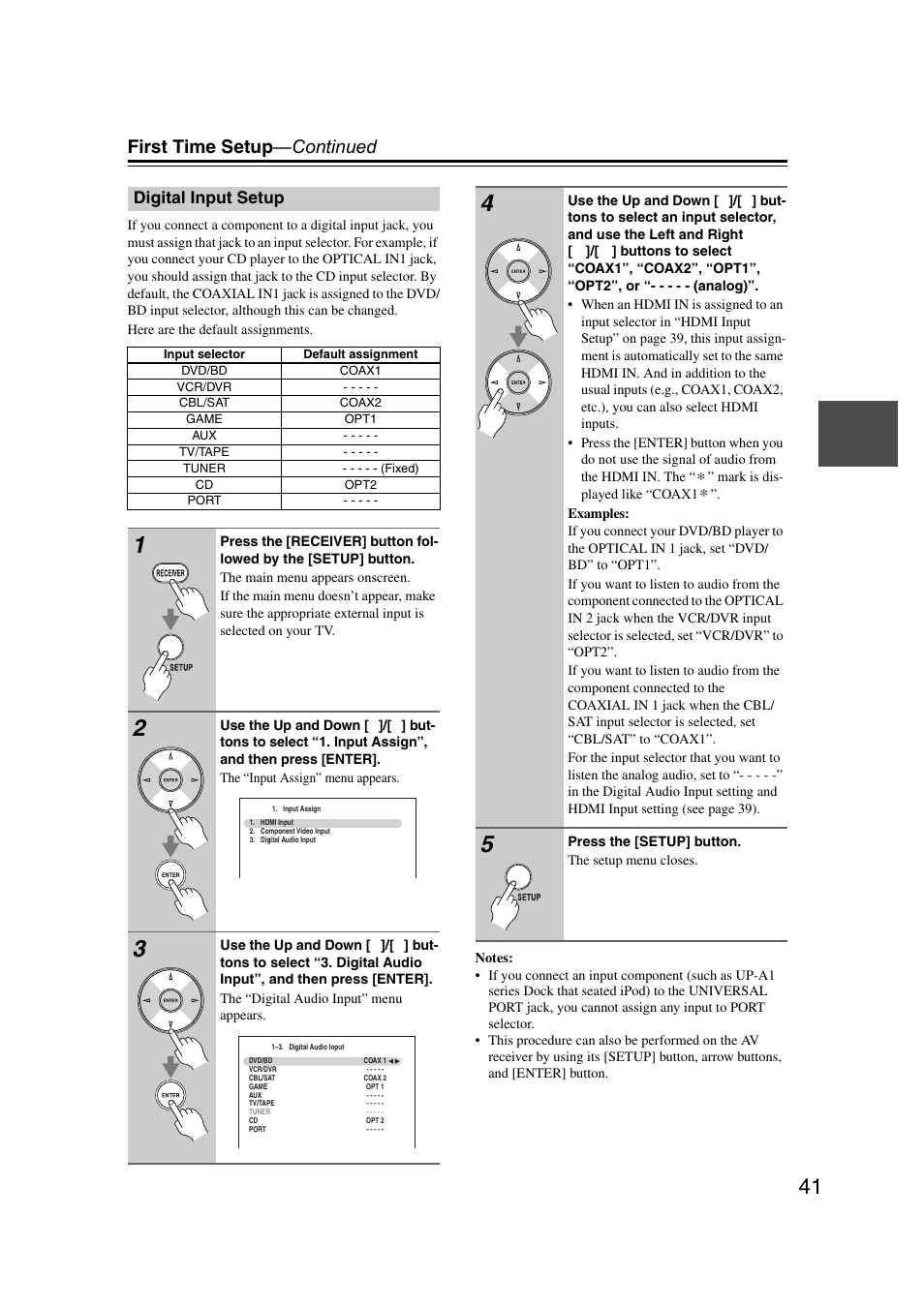 Digital input setup, First time setup —continued | Onkyo 29400095 User Manual | Page 41 / 104