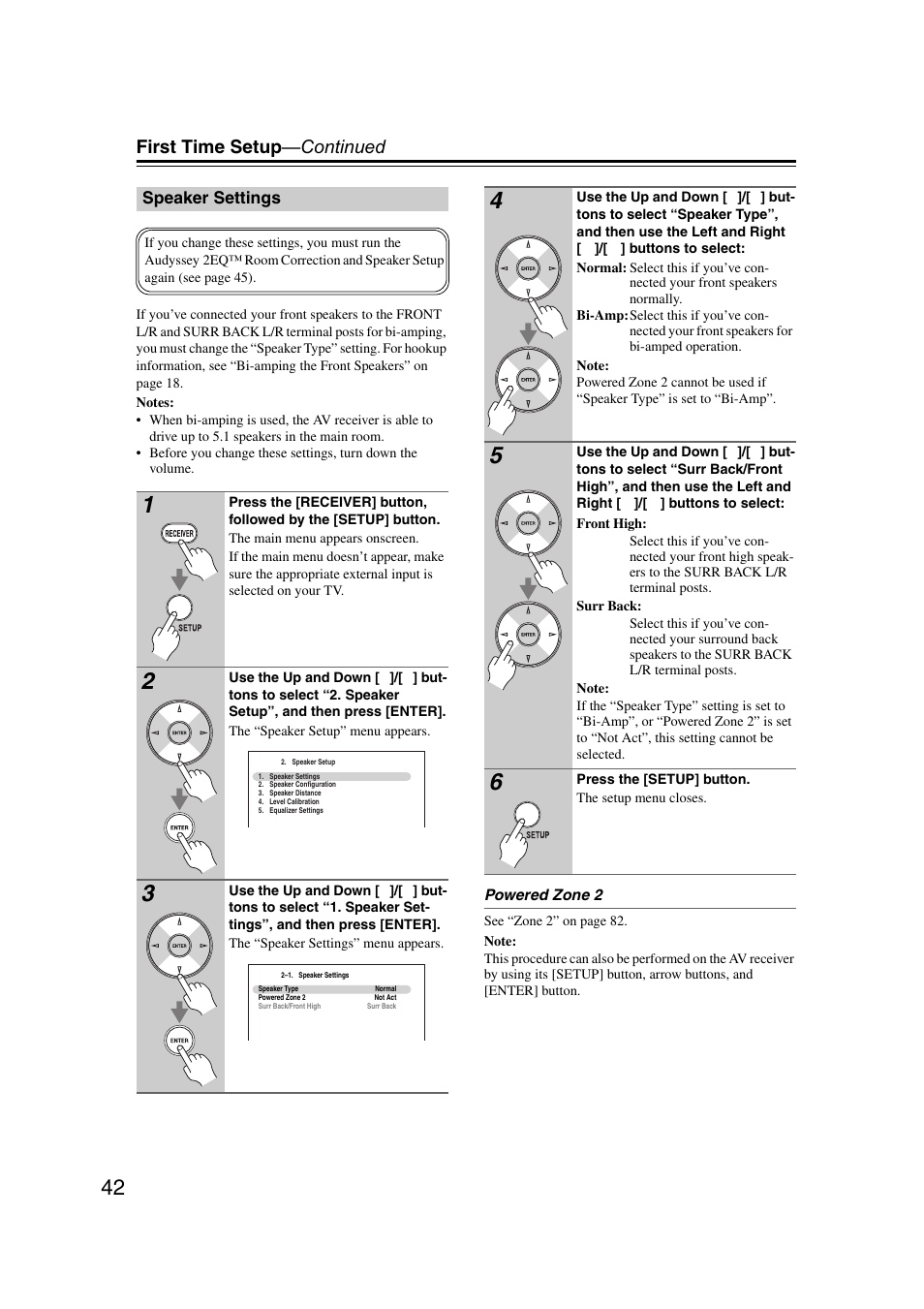 Speaker settings, First time setup —continued | Onkyo 29400095 User Manual | Page 42 / 104