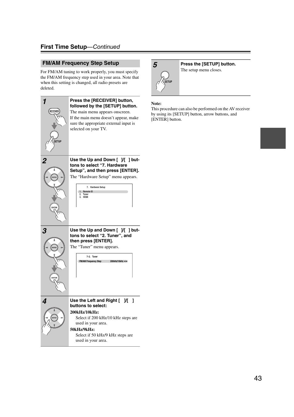 Fm/am frequency step setup, First time setup —continued | Onkyo 29400095 User Manual | Page 43 / 104