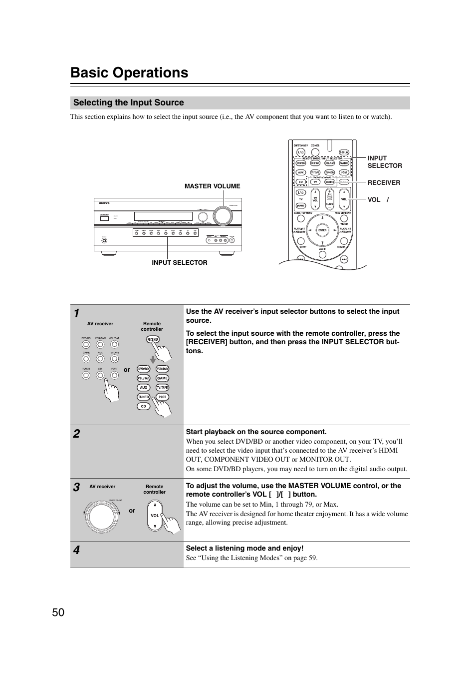 Basic operations, Selecting the input source, L (50) | Onkyo 29400095 User Manual | Page 50 / 104