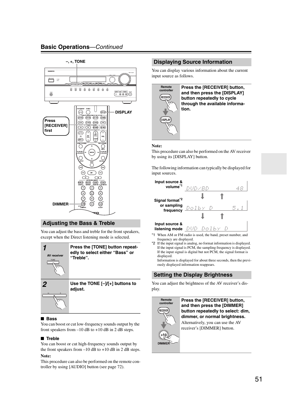 Adjusting the bass & treble, Displaying source information, Setting the display brightness | Basic operations —continued | Onkyo 29400095 User Manual | Page 51 / 104