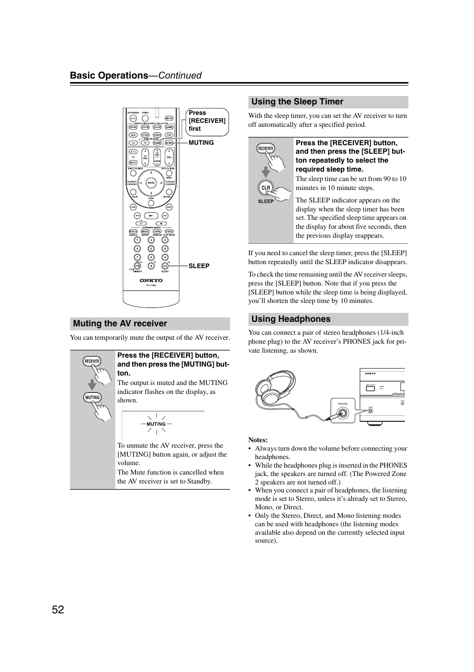 Muting the av receiver, Using the sleep timer, Using headphones | Basic operations —continued | Onkyo 29400095 User Manual | Page 52 / 104