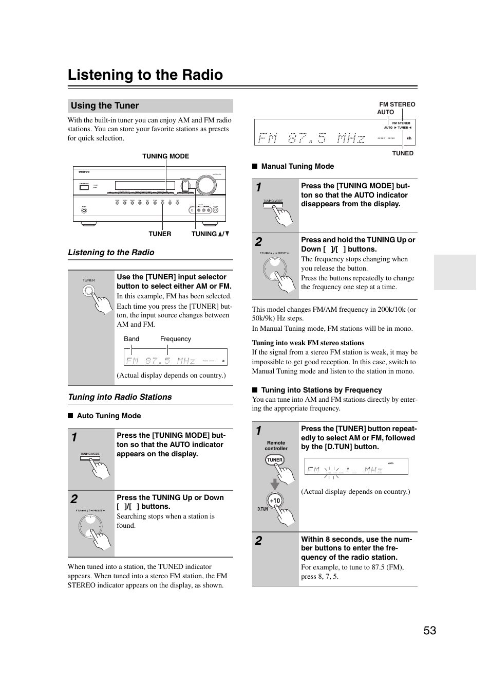 Listening to the radio, Using the tuner, D (53) | Onkyo 29400095 User Manual | Page 53 / 104