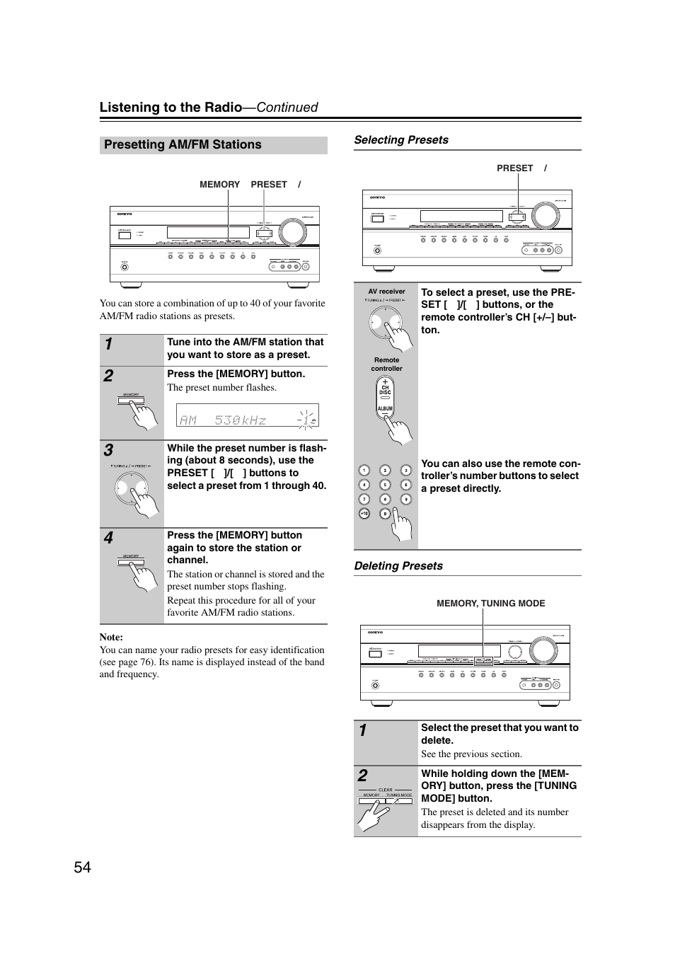 Presetting am/fm stations, Tton (54), Listening to the radio —continued | Onkyo 29400095 User Manual | Page 54 / 104