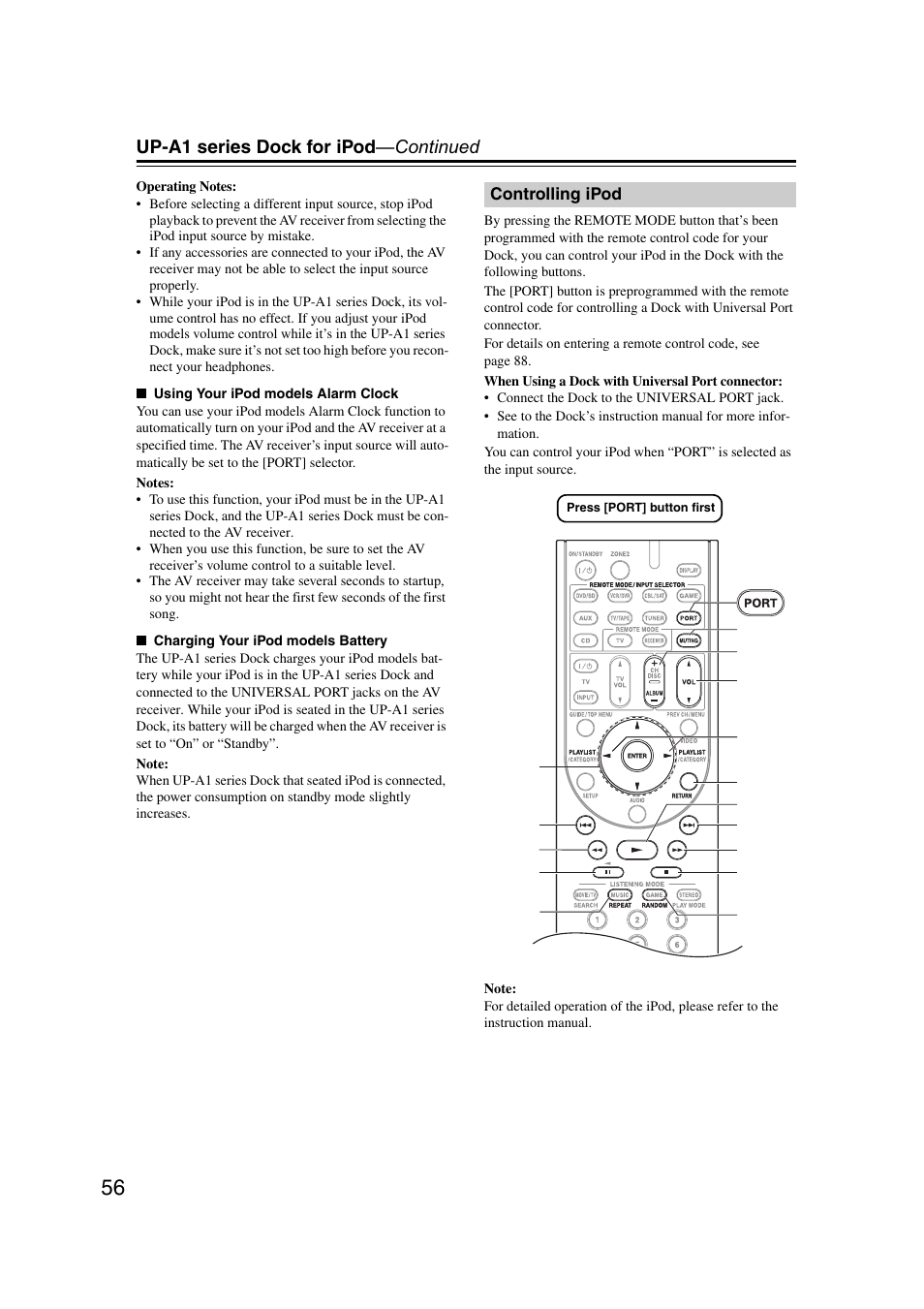 Controlling ipod, Up-a1 series dock for ipod —continued | Onkyo 29400095 User Manual | Page 56 / 104