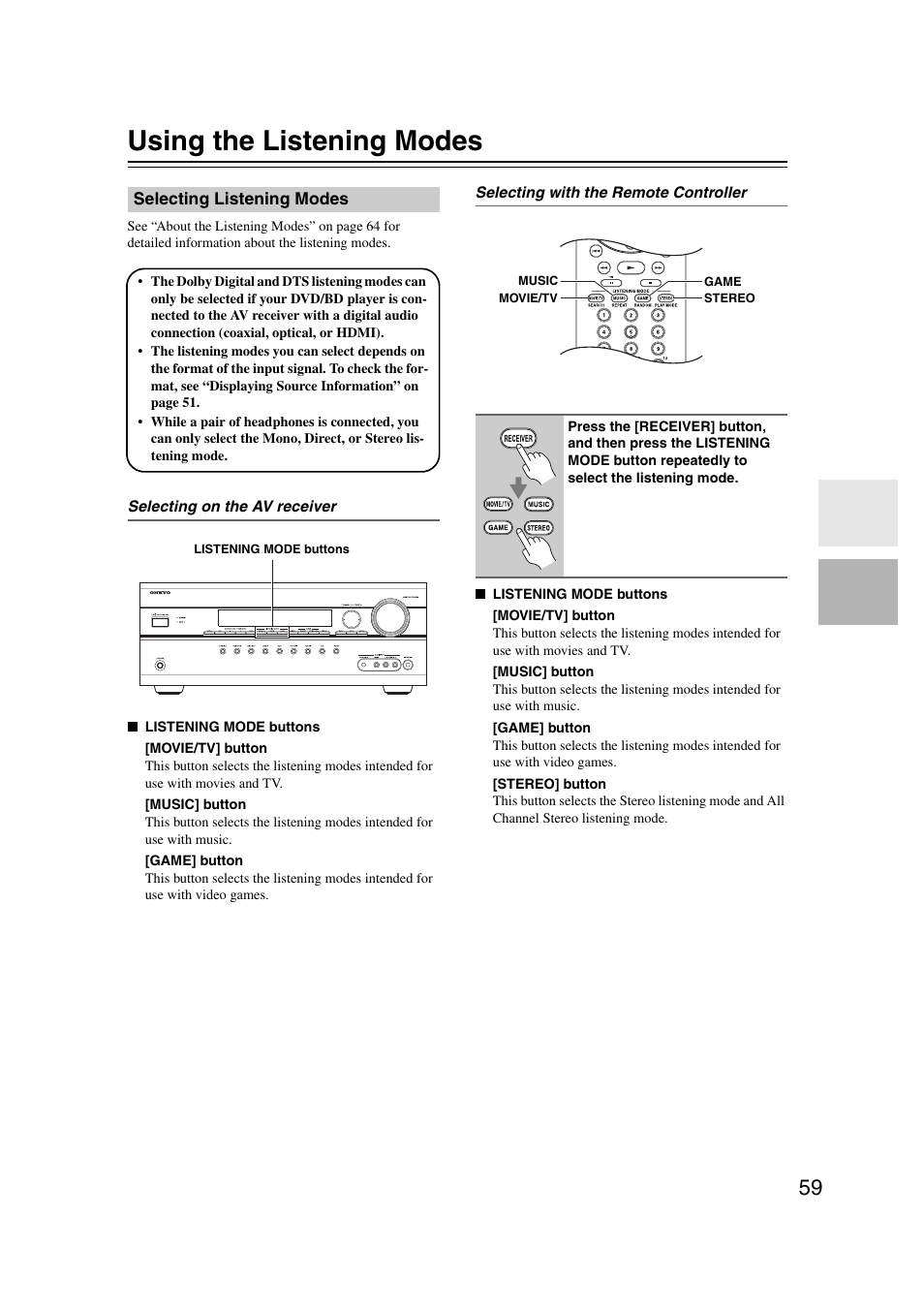 Using the listening modes, Selecting listening modes, Ttons (59) | Onkyo 29400095 User Manual | Page 59 / 104