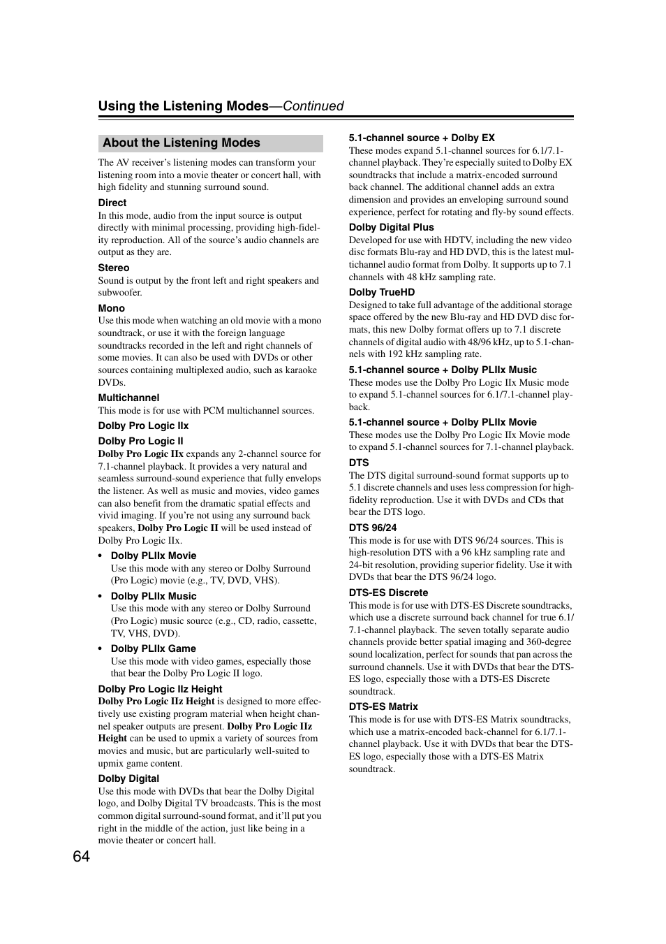 About the listening modes, Using the listening modes —continued | Onkyo 29400095 User Manual | Page 64 / 104