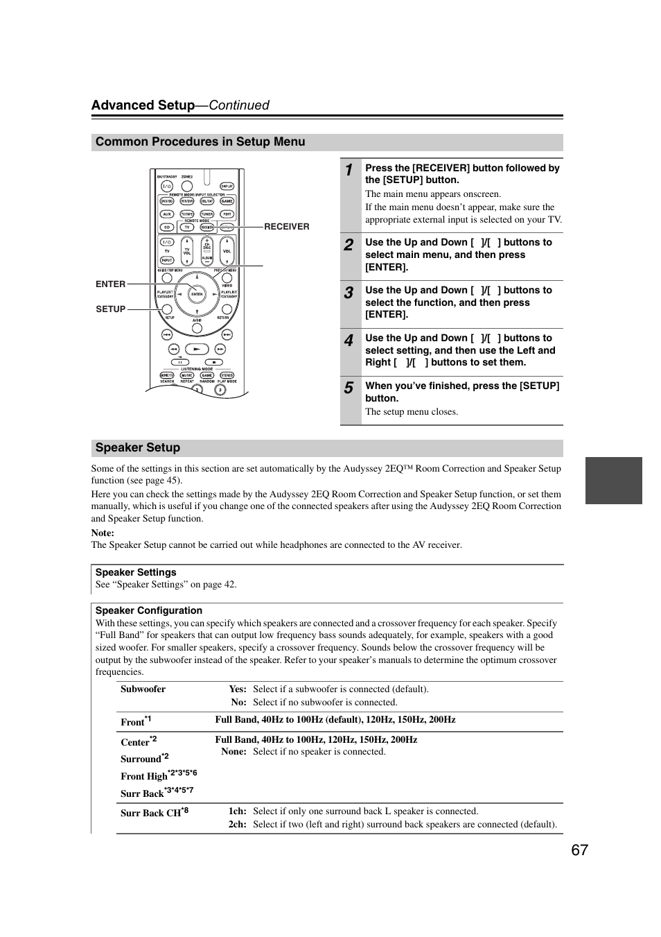 Common procedures in setup menu, Speaker setup, Common procedures in setup menu speaker setup | Advanced setup —continued | Onkyo 29400095 User Manual | Page 67 / 104