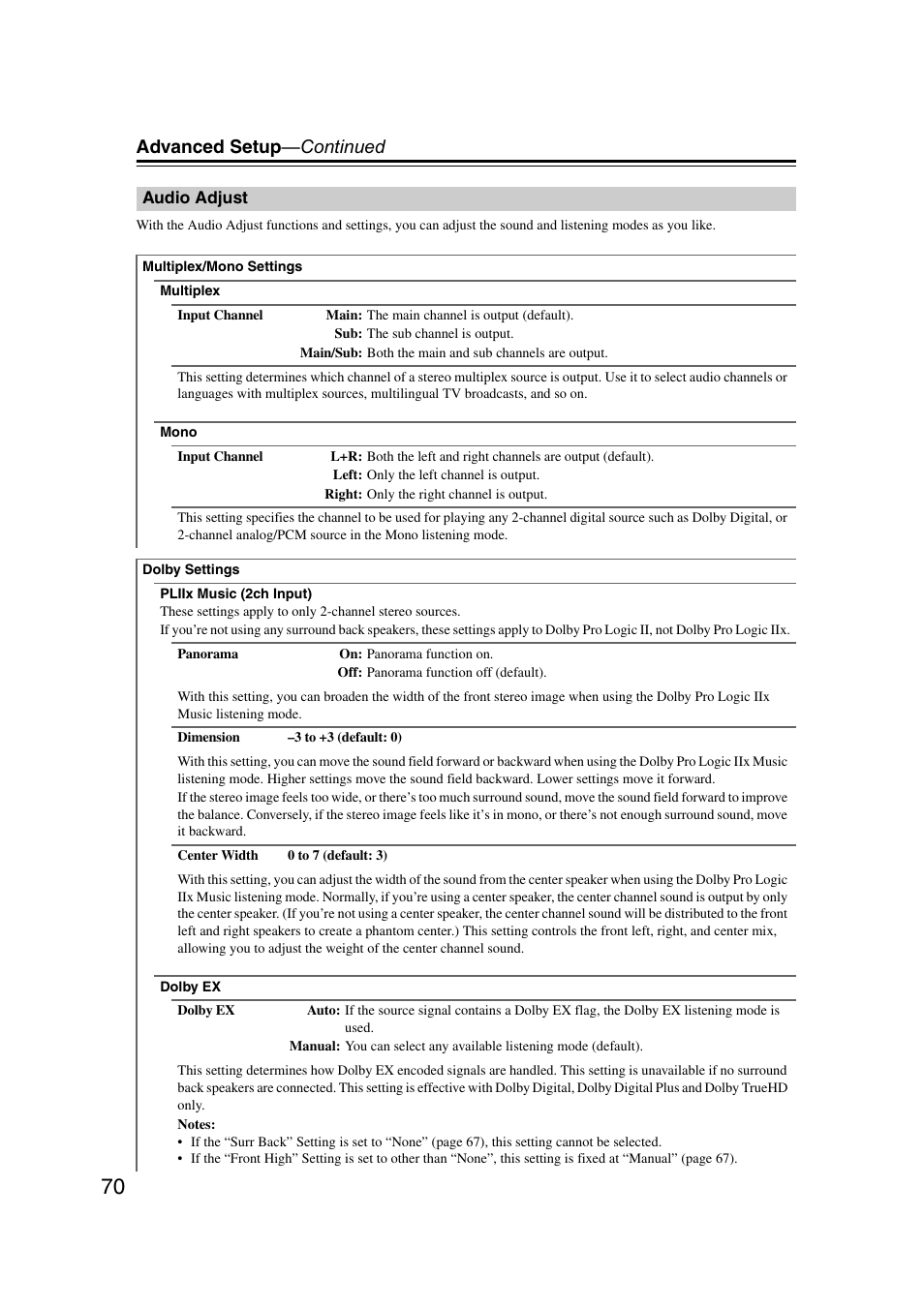 Audio adjust, Advanced setup —continued | Onkyo 29400095 User Manual | Page 70 / 104