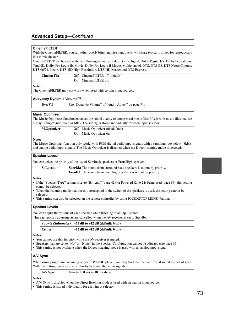 Advanced setup —continued | Onkyo 29400095 User Manual | Page 73 / 104