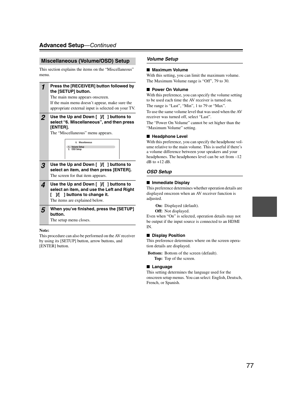 Miscellaneous (volume/osd) setup, Advanced setup —continued | Onkyo 29400095 User Manual | Page 77 / 104
