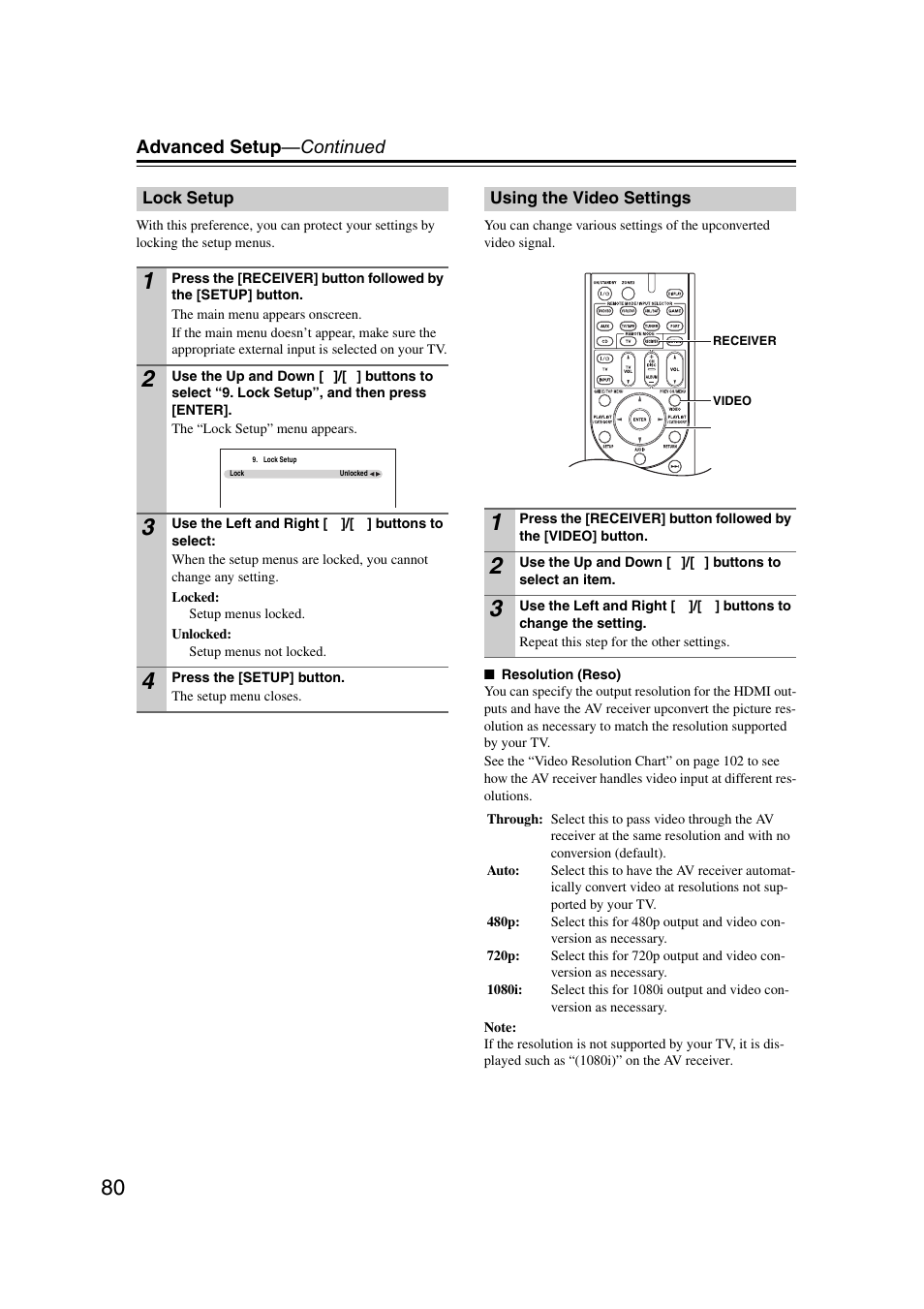 Lock setup, Using the video settings, Lock setup using the video settings | Advanced setup —continued | Onkyo 29400095 User Manual | Page 80 / 104
