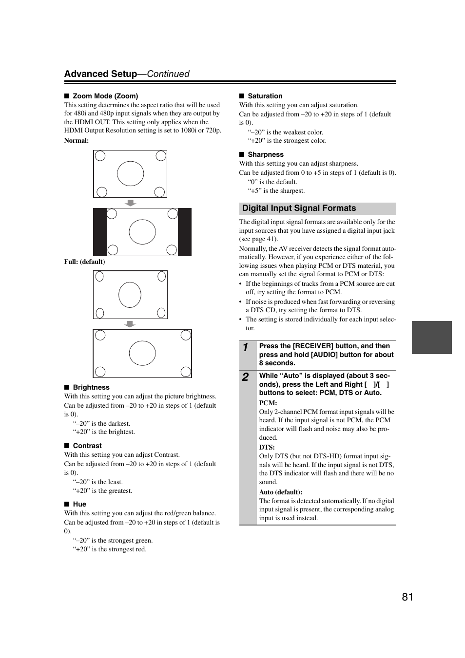 Digital input signal formats, Advanced setup —continued | Onkyo 29400095 User Manual | Page 81 / 104