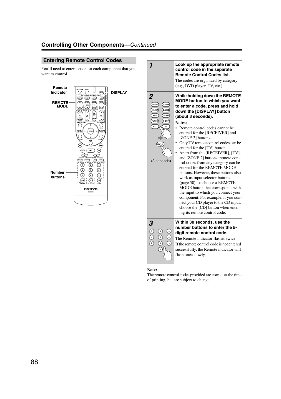 Entering remote control codes, Controlling other components —continued | Onkyo 29400095 User Manual | Page 88 / 104