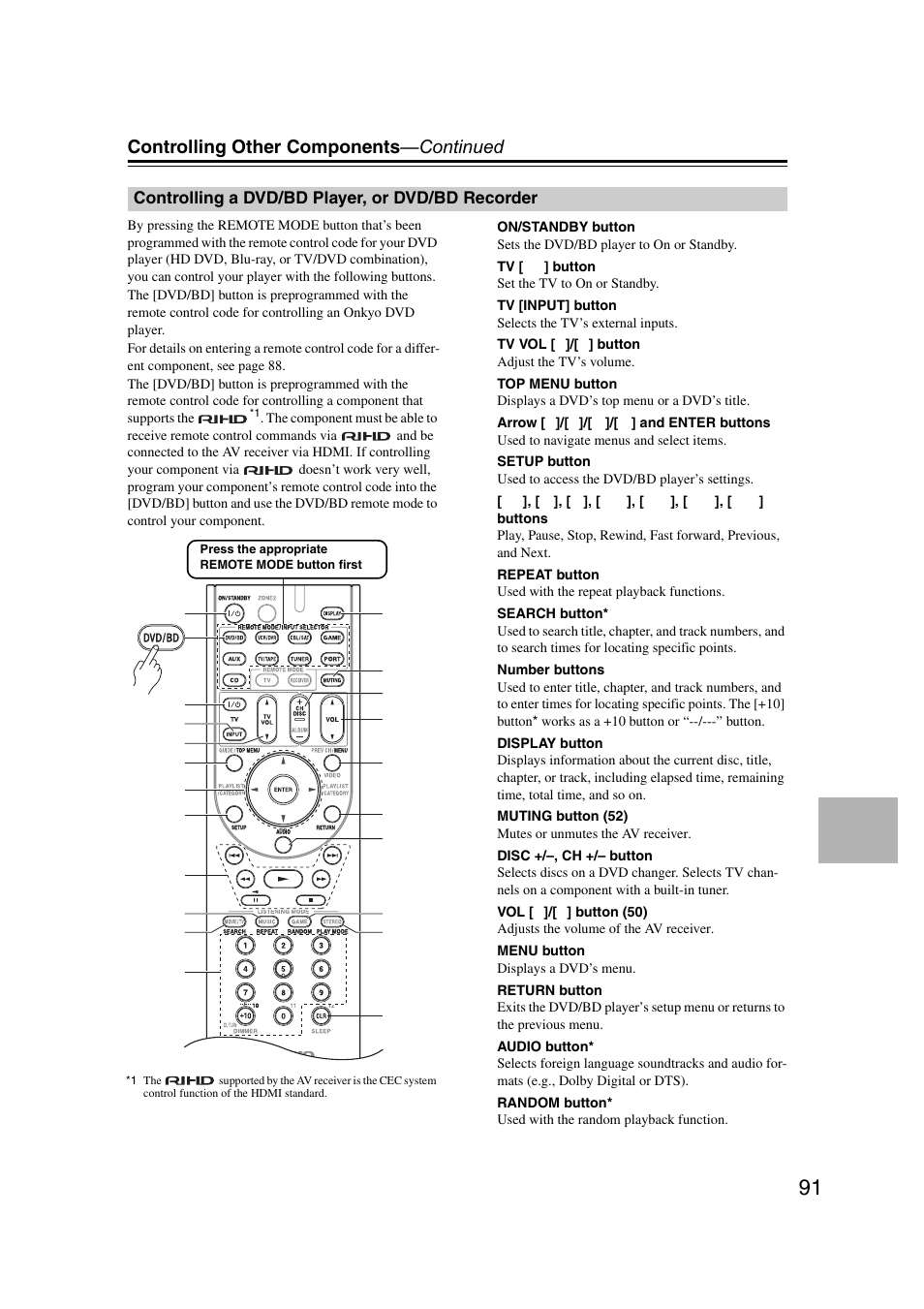 Controlling a dvd/bd player, or dvd/bd recorder, Controlling other components —continued | Onkyo 29400095 User Manual | Page 91 / 104