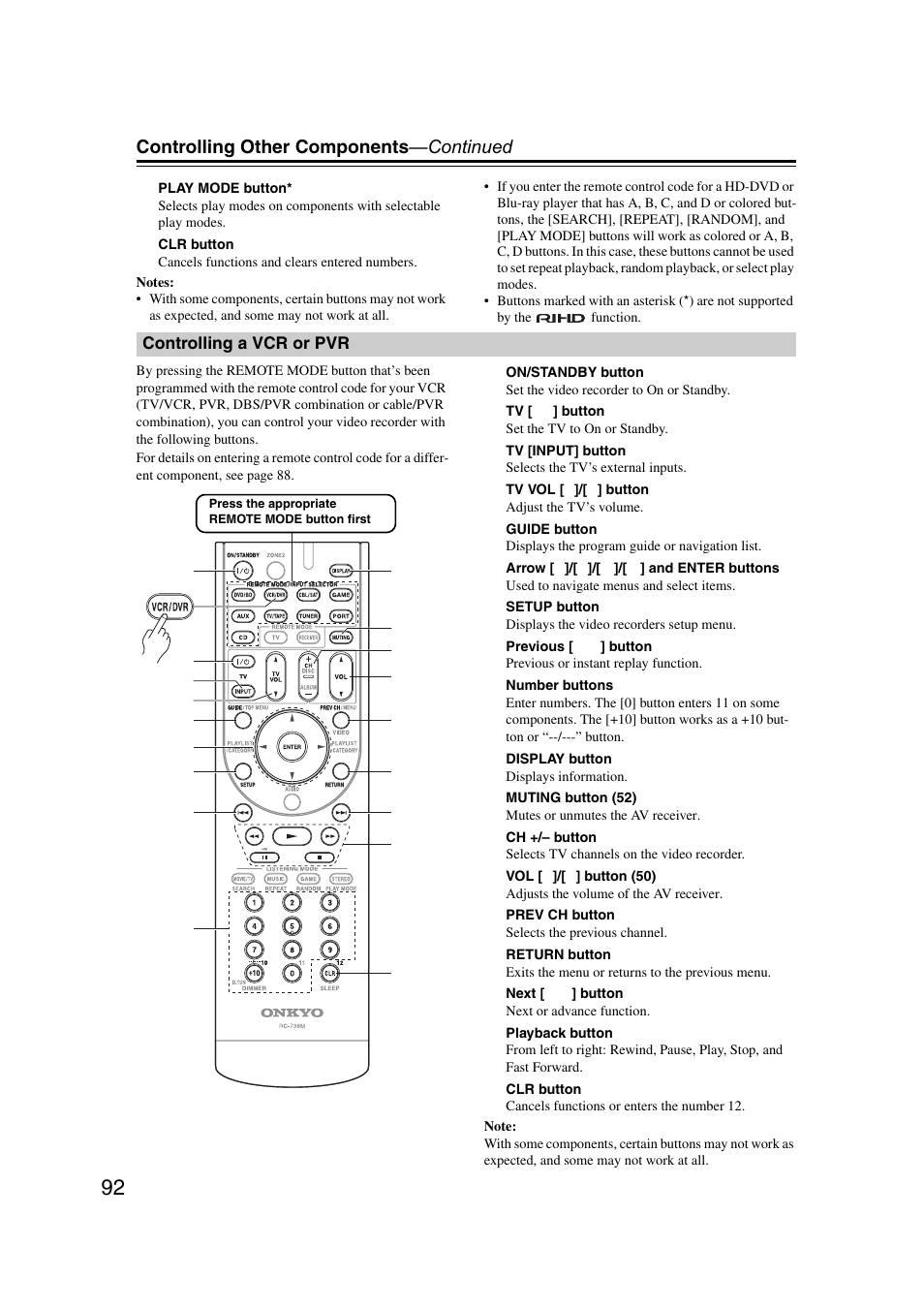 Controlling a vcr or pvr, Controlling other components —continued | Onkyo 29400095 User Manual | Page 92 / 104