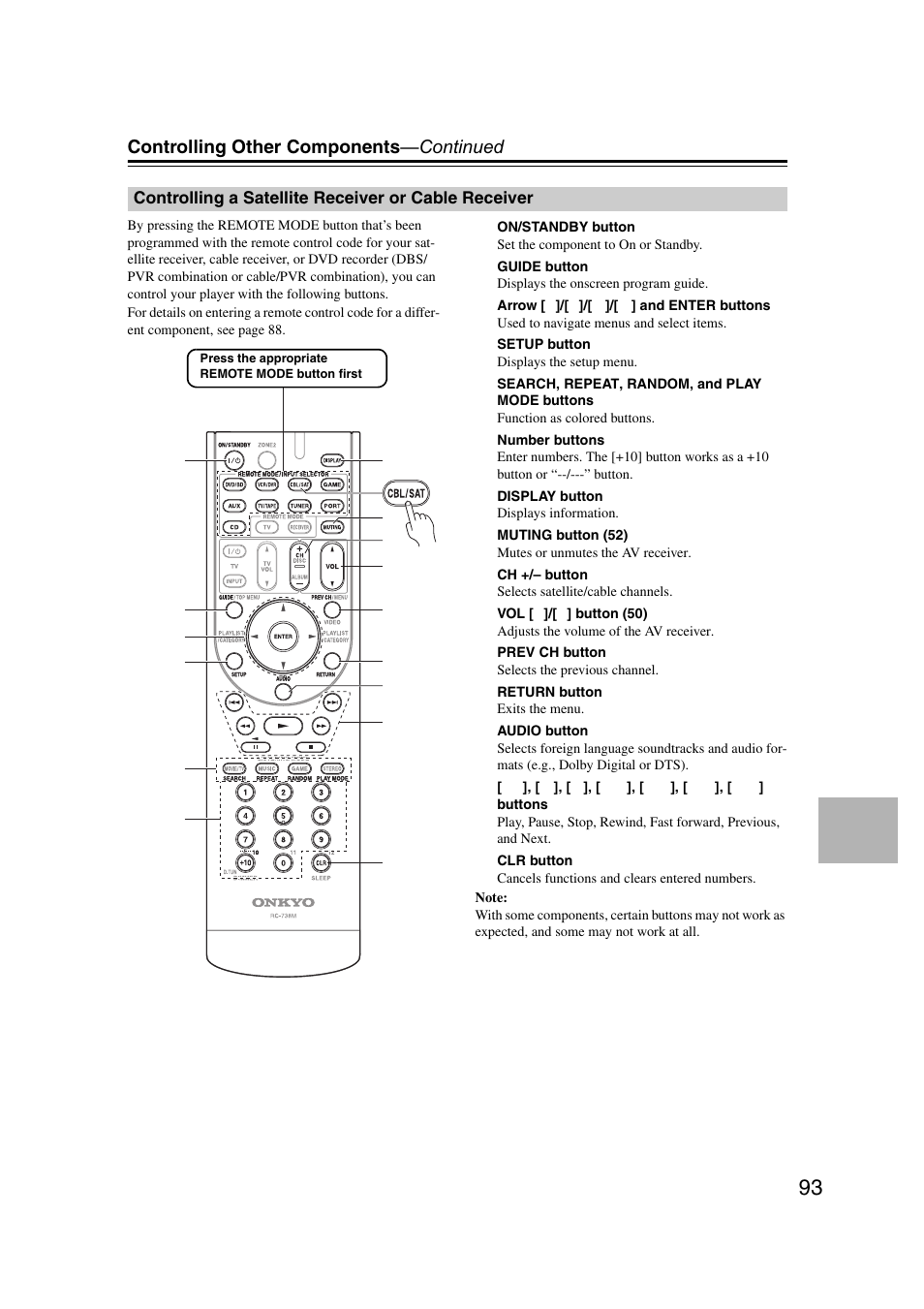 Controlling a satellite receiver or cable receiver, Controlling other components —continued | Onkyo 29400095 User Manual | Page 93 / 104