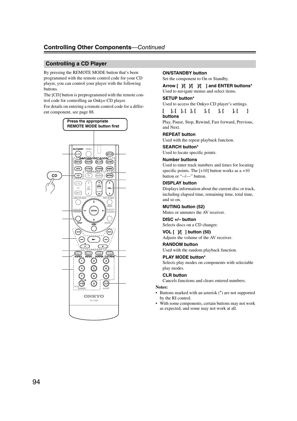 Controlling a cd player, Controlling other components —continued | Onkyo 29400095 User Manual | Page 94 / 104