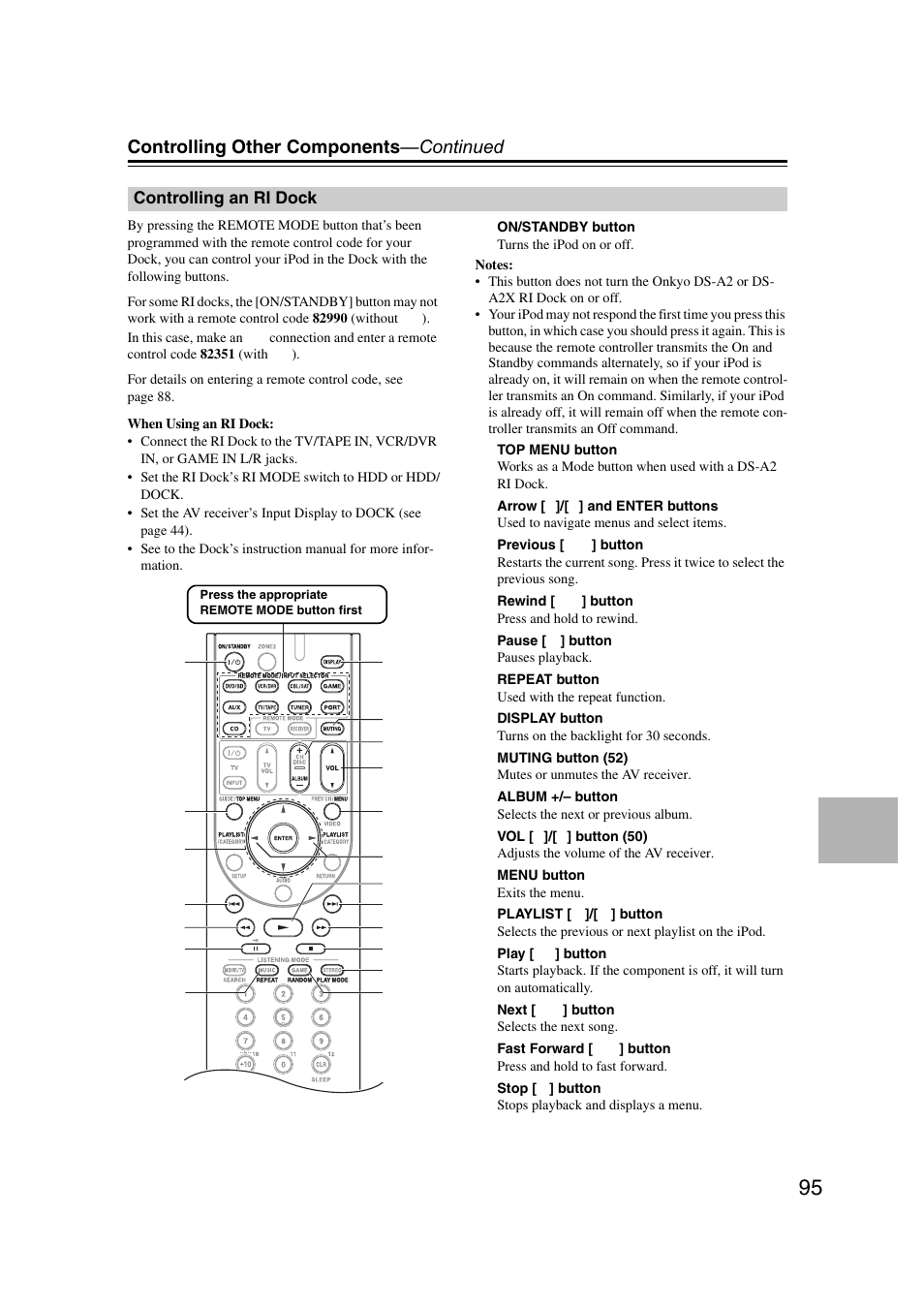 Controlling an ri dock, Controlling other components —continued | Onkyo 29400095 User Manual | Page 95 / 104
