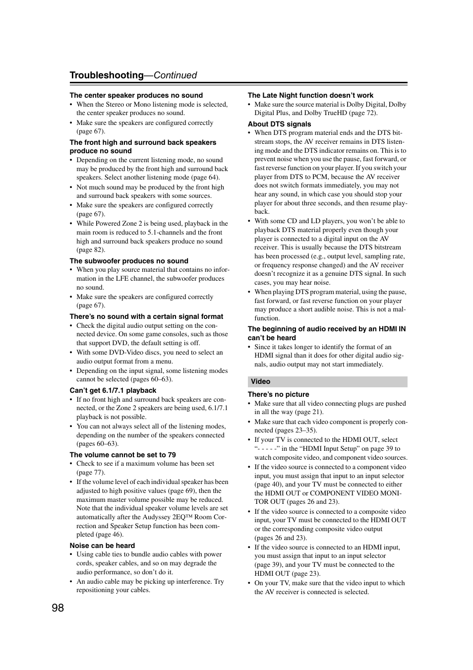 Troubleshooting —continued | Onkyo 29400095 User Manual | Page 98 / 104