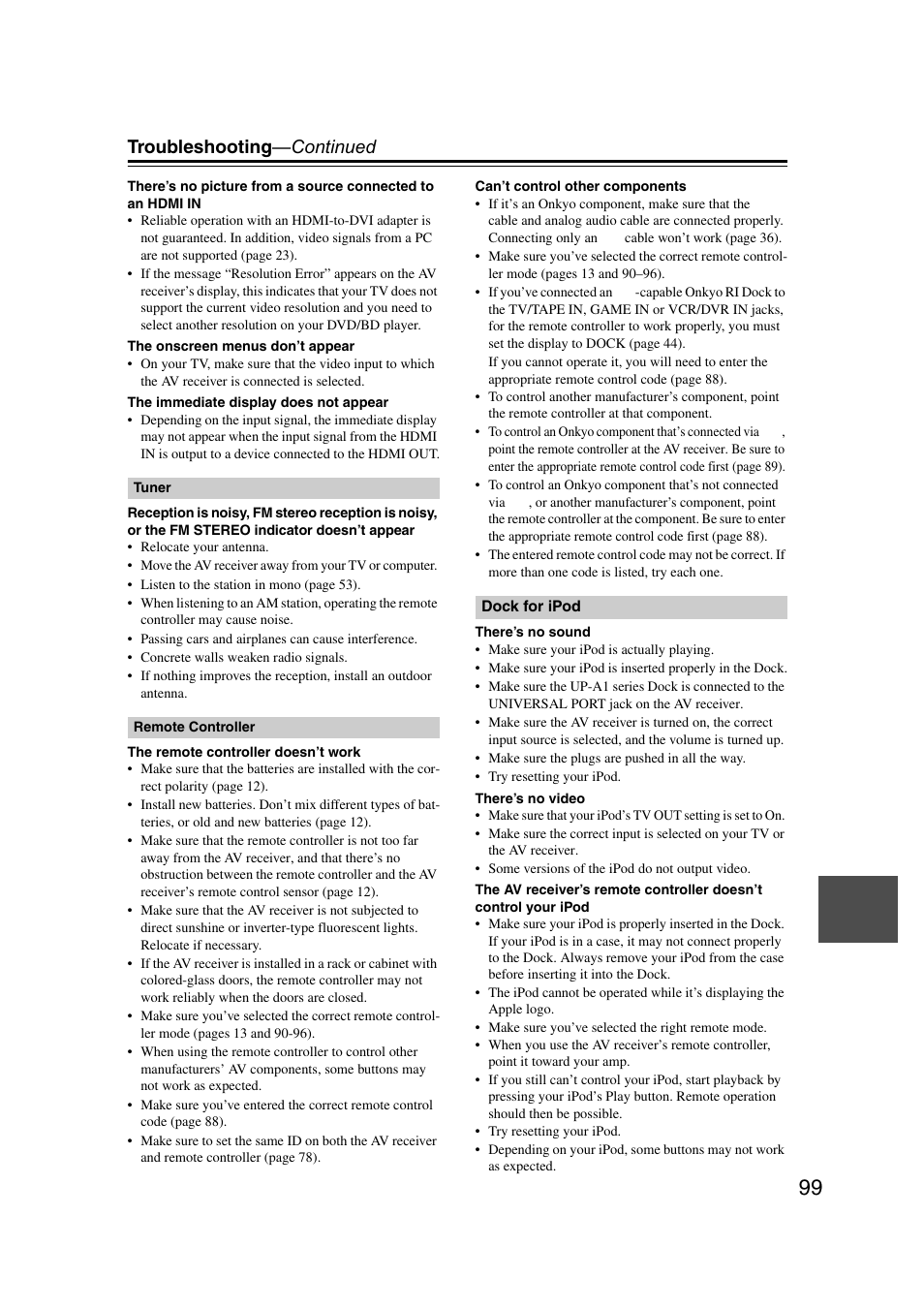 Troubleshooting —continued | Onkyo 29400095 User Manual | Page 99 / 104