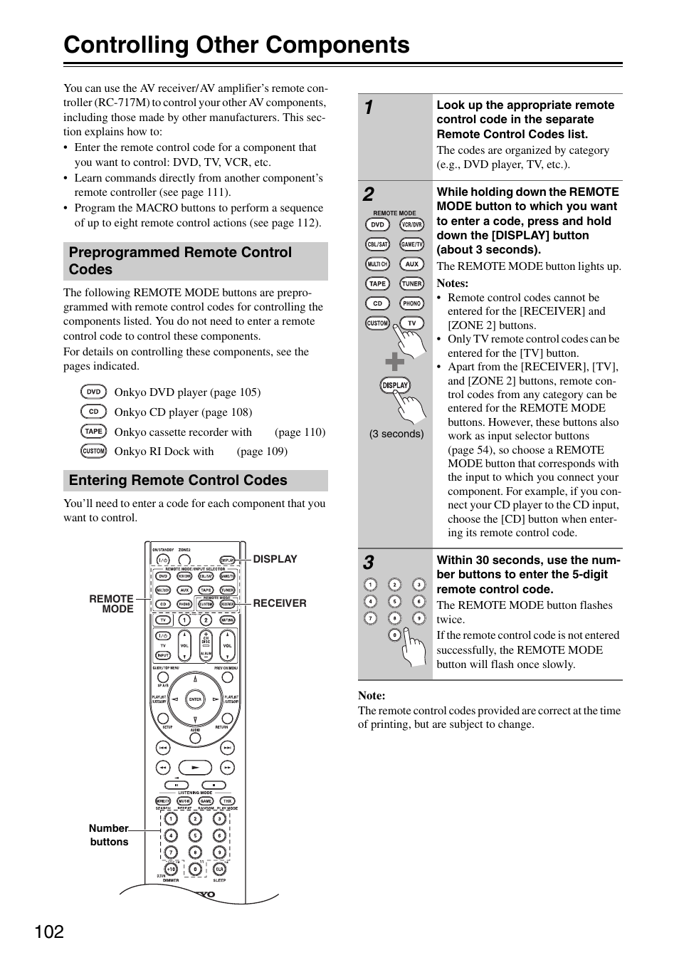 Controlling other components, Preprogrammed remote control codes, Entering remote control codes | Onkyo TX-SA706 User Manual | Page 102 / 120