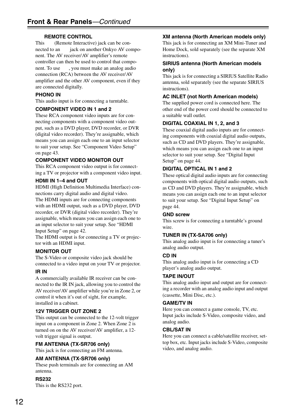 Front & rear panels —continued | Onkyo TX-SA706 User Manual | Page 12 / 120