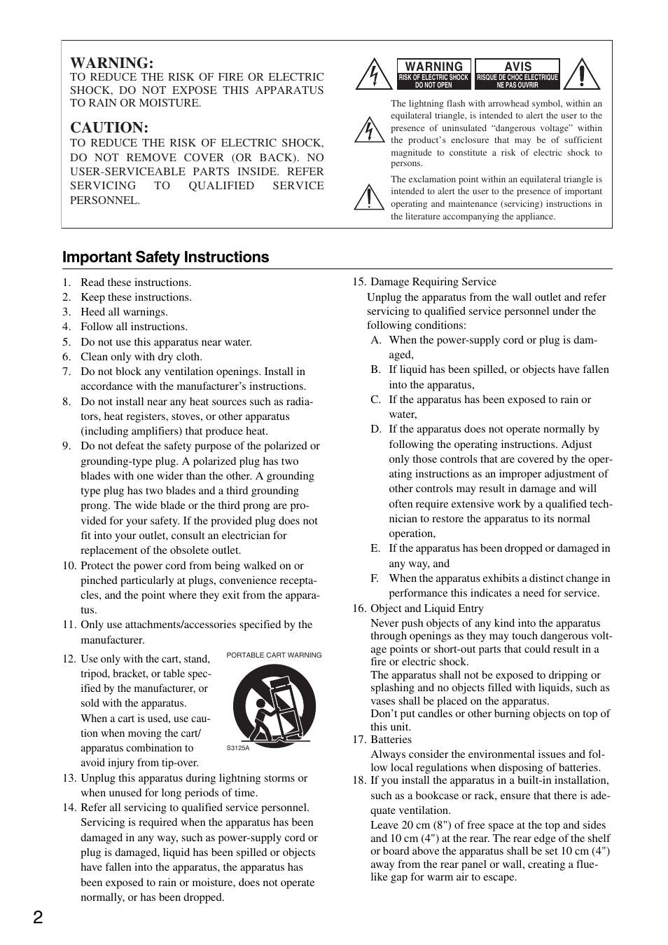 Important safety instructions, Warning, Caution | Onkyo TX-SA706 User Manual | Page 2 / 120