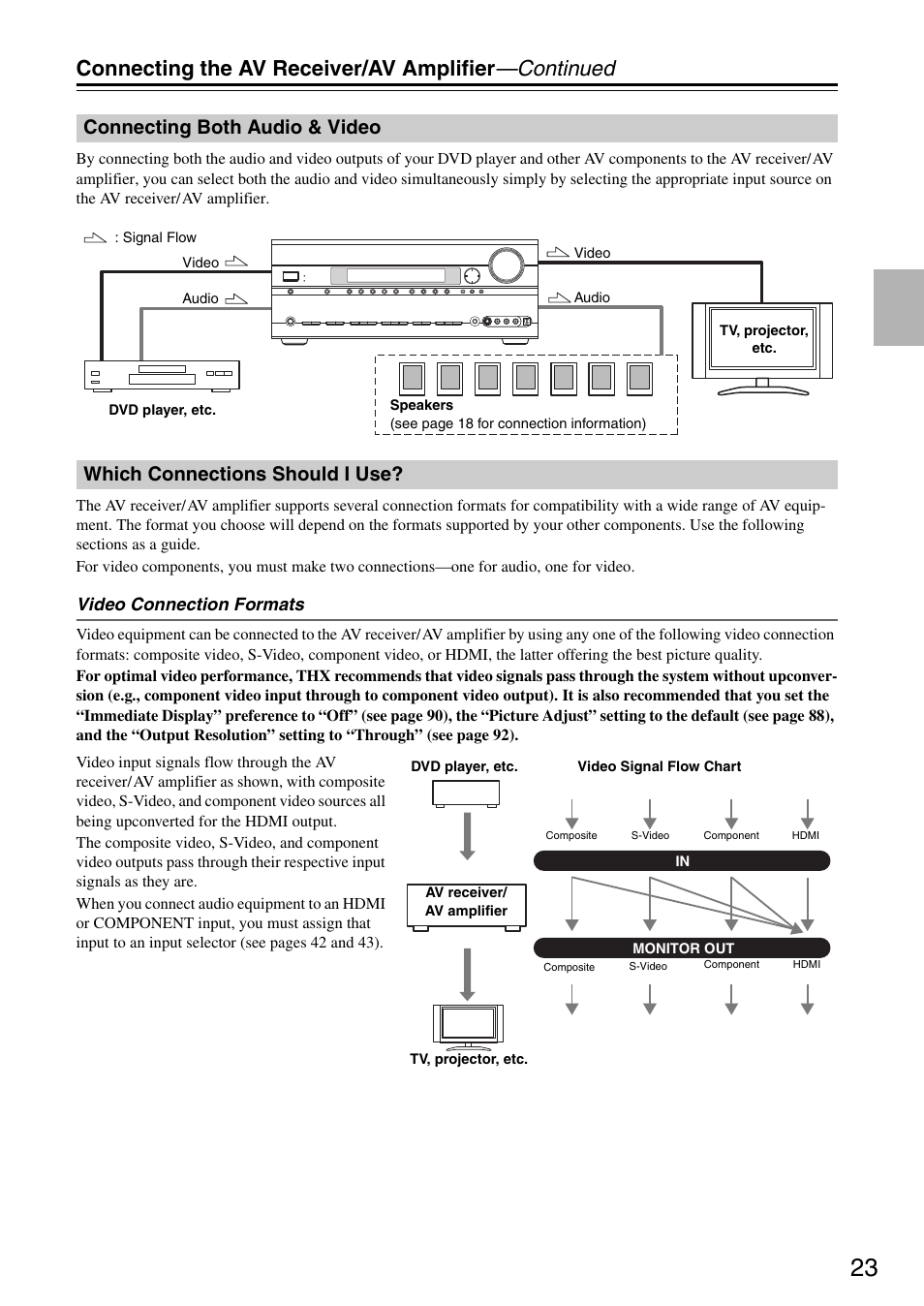 Connecting both audio & video, Which connections should i use, Connecting the av receiver/av amplifier —continued | Onkyo TX-SA706 User Manual | Page 23 / 120