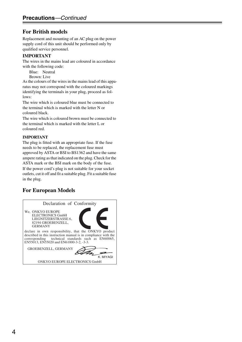 Precautions —continued for british models, For european models | Onkyo TX-SA706 User Manual | Page 4 / 120