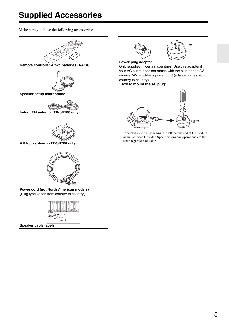 Supplied accessories, Make sure you have the following accessories | Onkyo TX-SA706 User Manual | Page 5 / 120