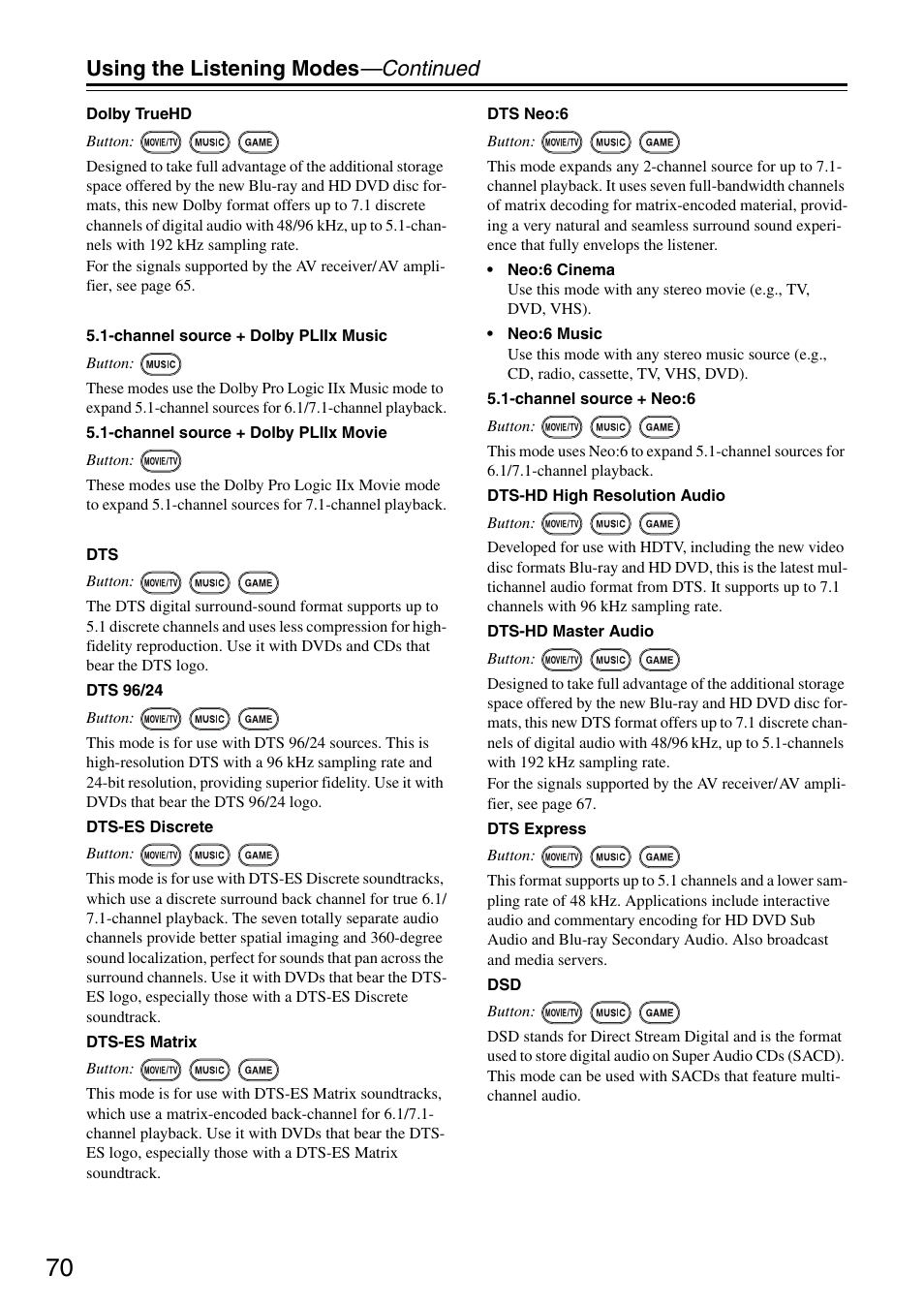 Using the listening modes —continued | Onkyo TX-SA706 User Manual | Page 70 / 120