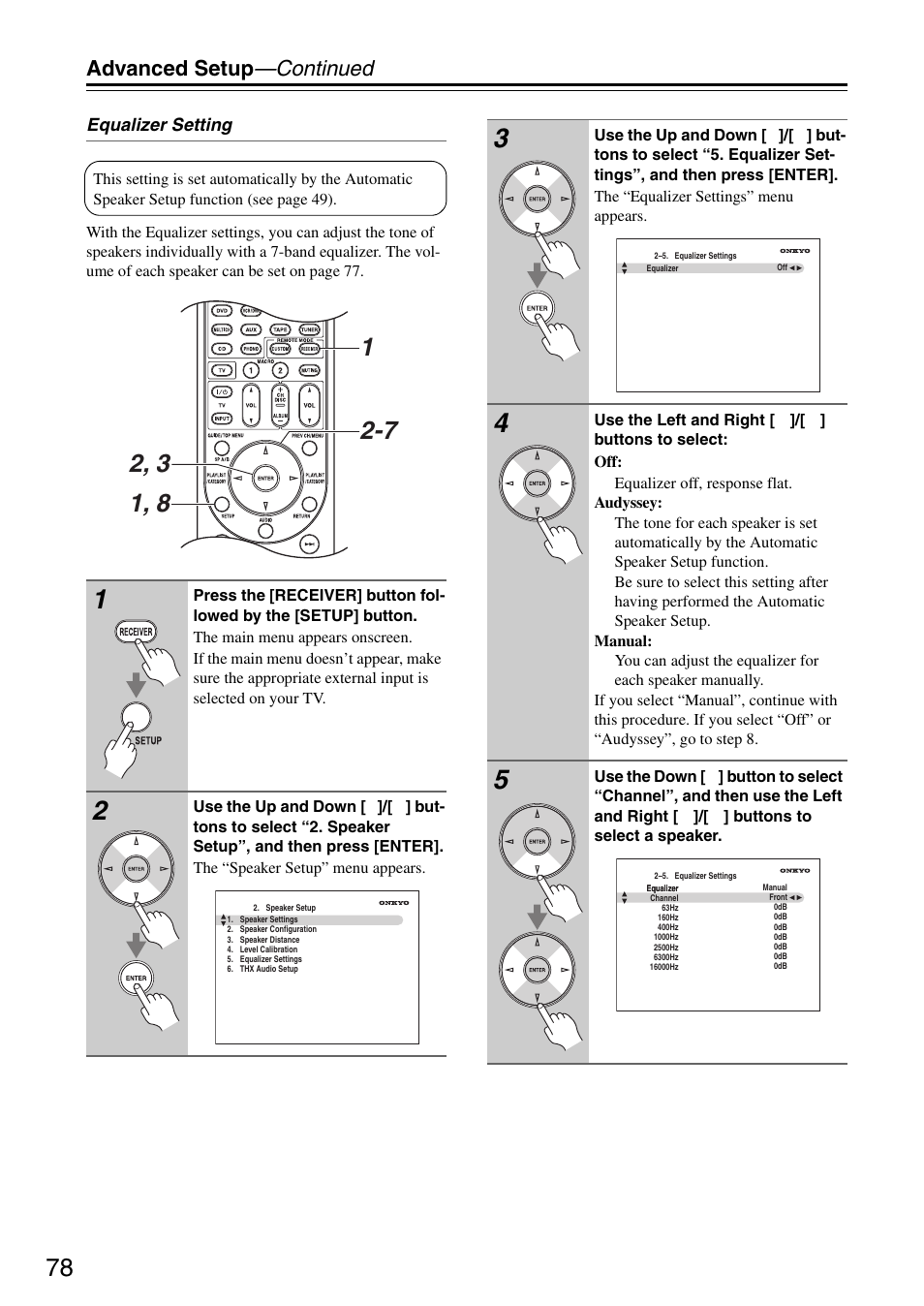 Advanced setup —continued, Equalizer setting | Onkyo TX-SA706 User Manual | Page 78 / 120