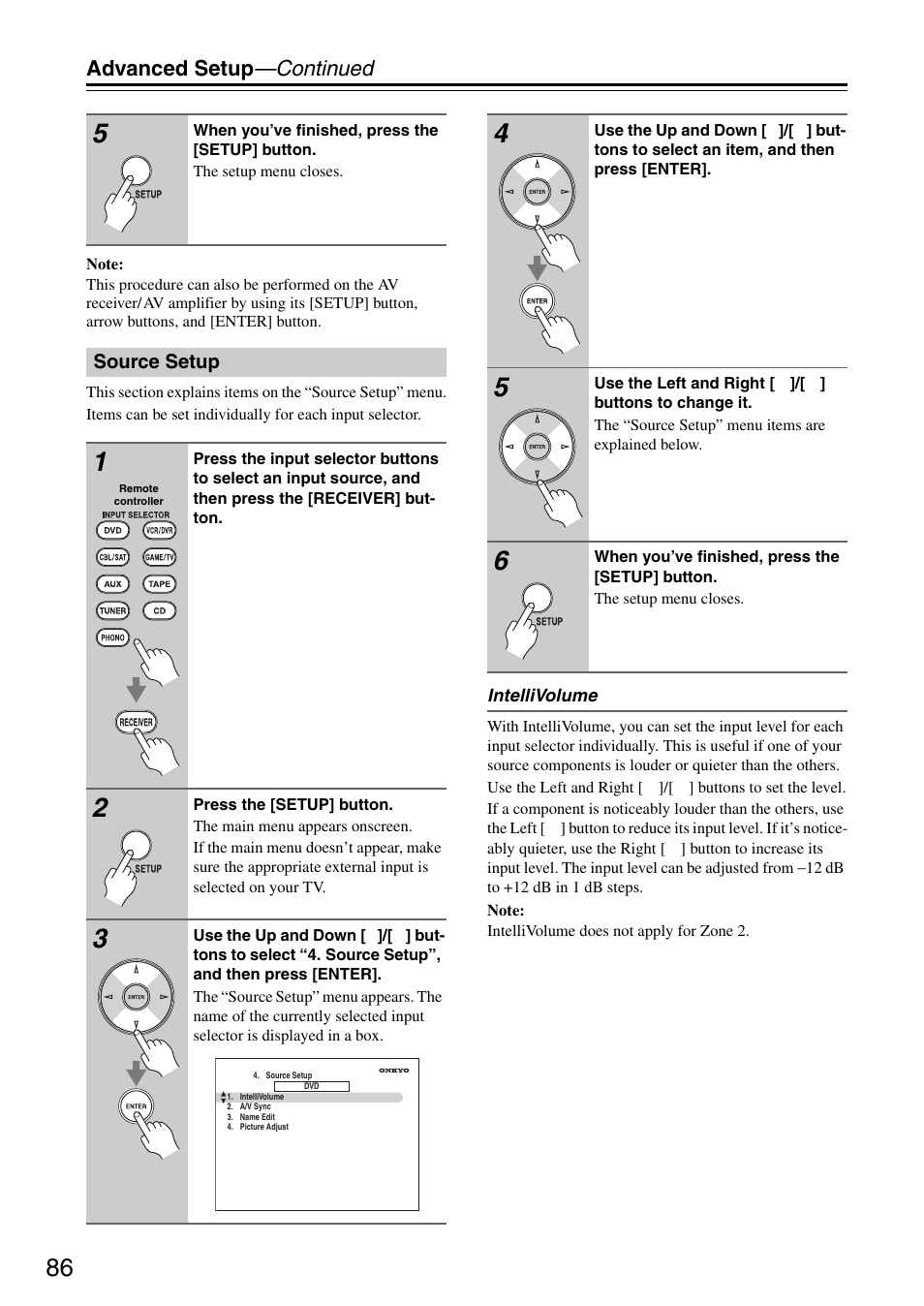 Source setup, Advanced setup —continued | Onkyo TX-SA706 User Manual | Page 86 / 120