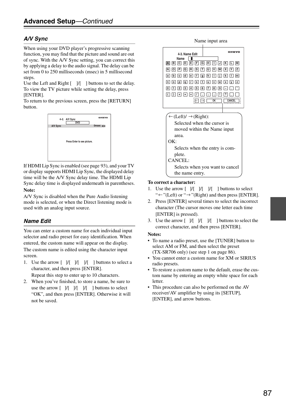 Advanced setup —continued, A/v sync, Name edit | Onkyo TX-SA706 User Manual | Page 87 / 120