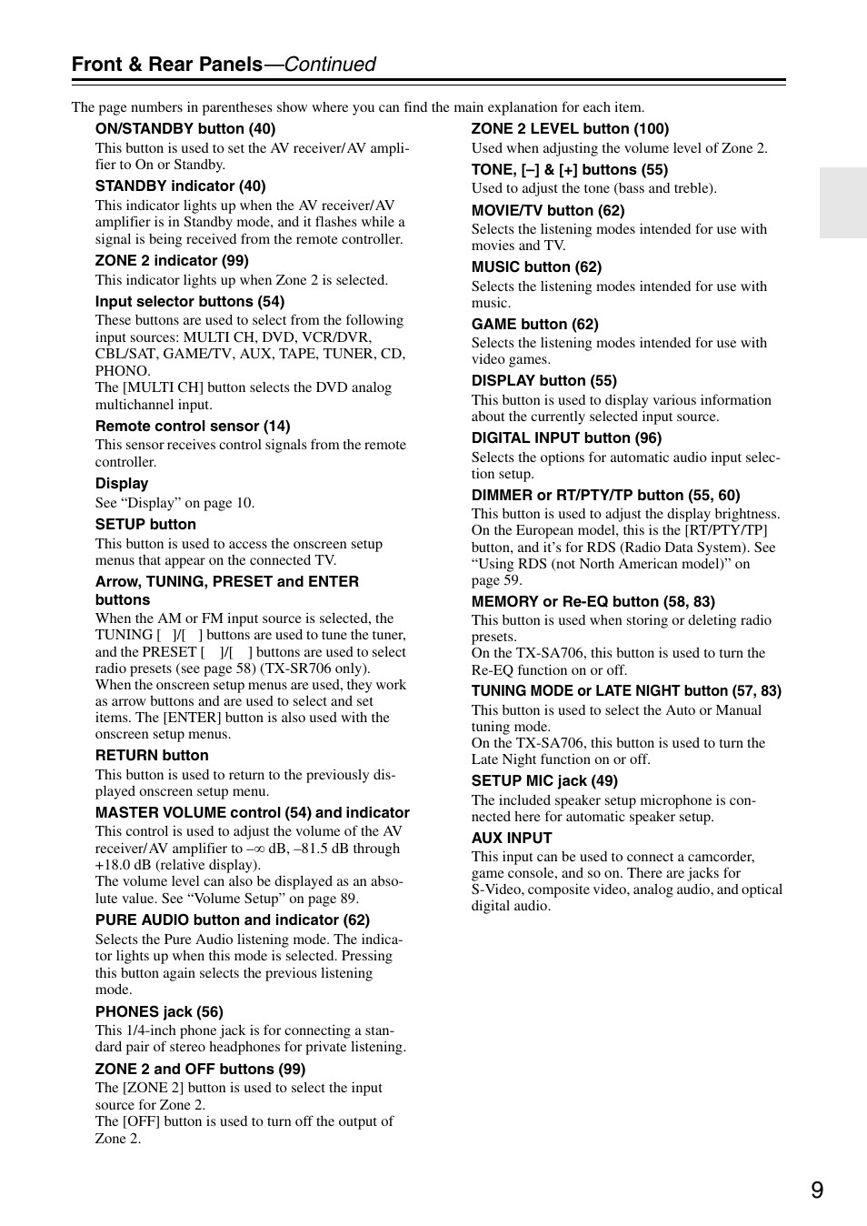 Front & rear panels —continued | Onkyo TX-SA706 User Manual | Page 9 / 120