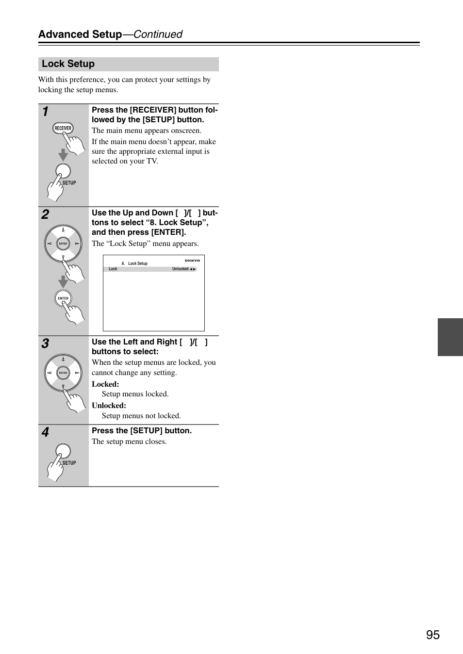 Lock setup, Advanced setup —continued | Onkyo TX-SA706 User Manual | Page 95 / 120