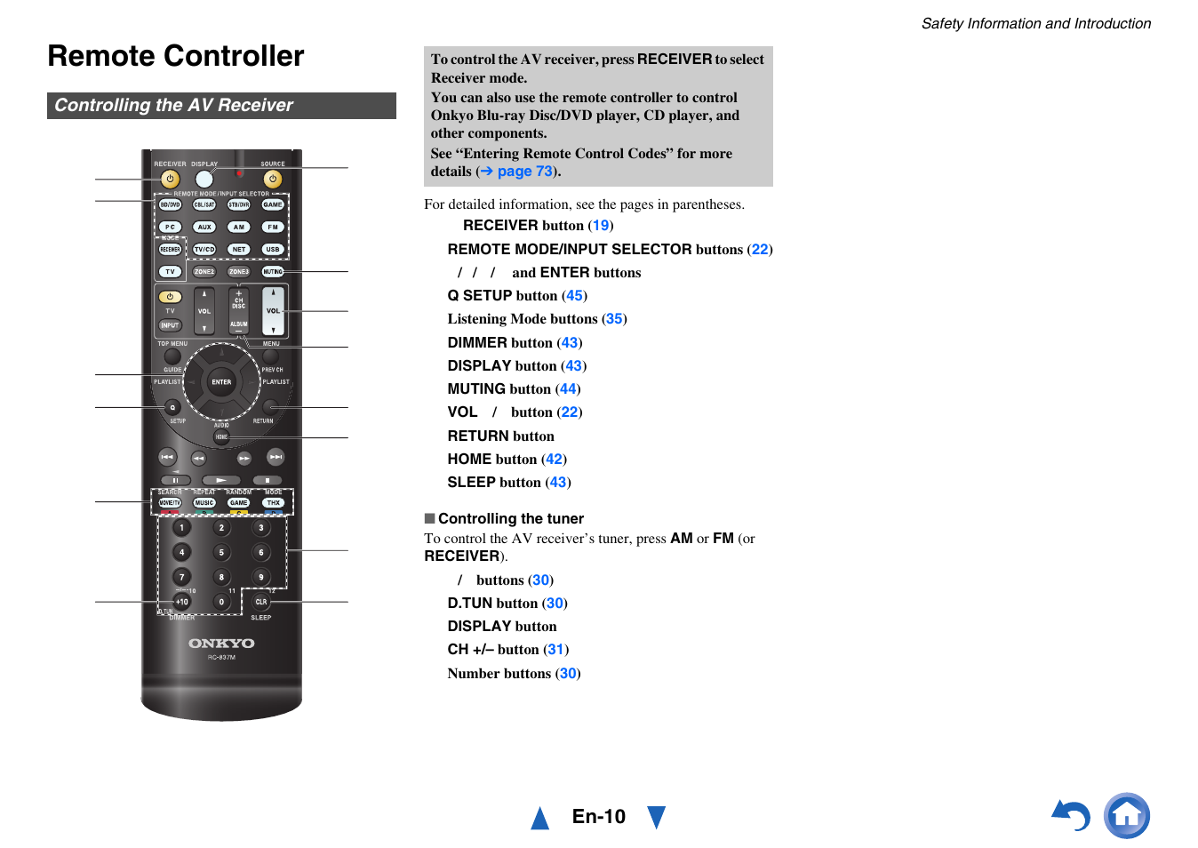 Remote controller, Controlling the av receiver, En-10 | Onkyo AV RECEIVER HT-RC470 User Manual | Page 10 / 144