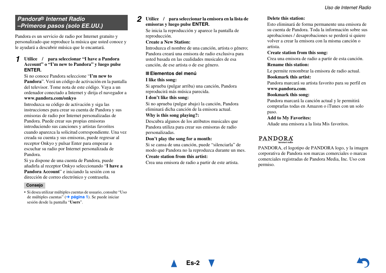 Pandora, Internet radio –primeros pasos, Solo ee.uu.) | Onkyo AV RECEIVER HT-RC470 User Manual | Page 115 / 144