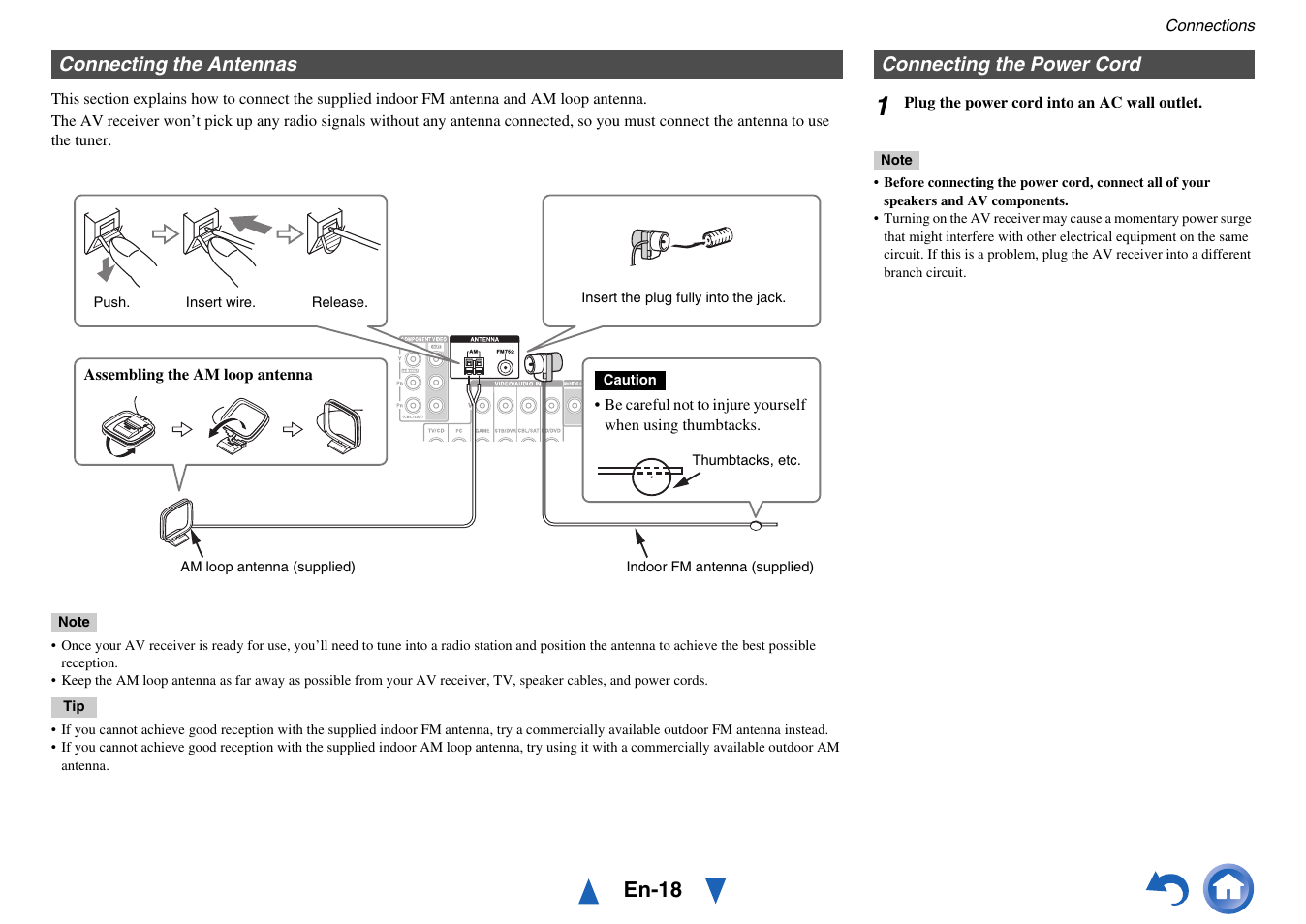 Connecting the antennas, Connecting the power cord, Connecting the antennas connecting the power cord | En-18 | Onkyo AV RECEIVER HT-RC470 User Manual | Page 18 / 144