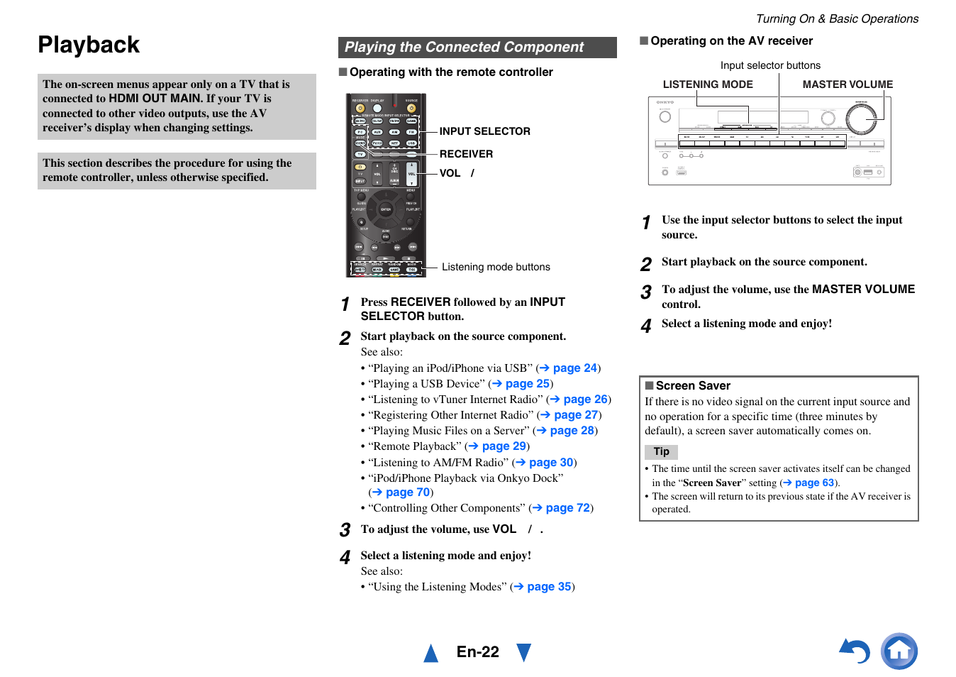 Playback, Playing the connected component | Onkyo AV RECEIVER HT-RC470 User Manual | Page 22 / 144