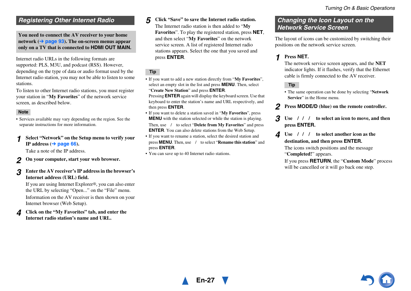 Registering other internet radio, On the network service screen | Onkyo AV RECEIVER HT-RC470 User Manual | Page 27 / 144