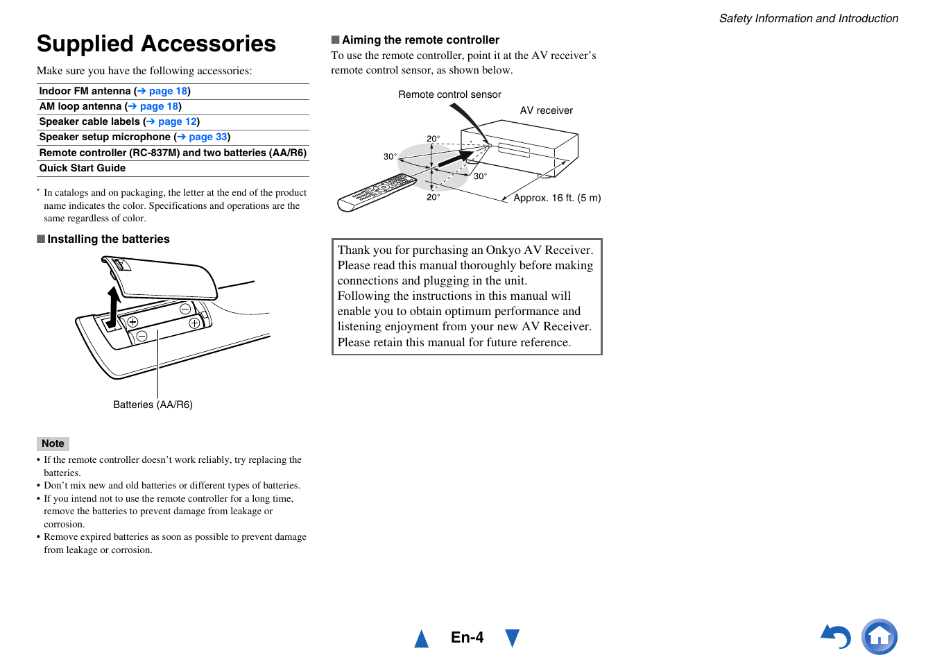 Supplied accessories, En-4 | Onkyo AV RECEIVER HT-RC470 User Manual | Page 4 / 144