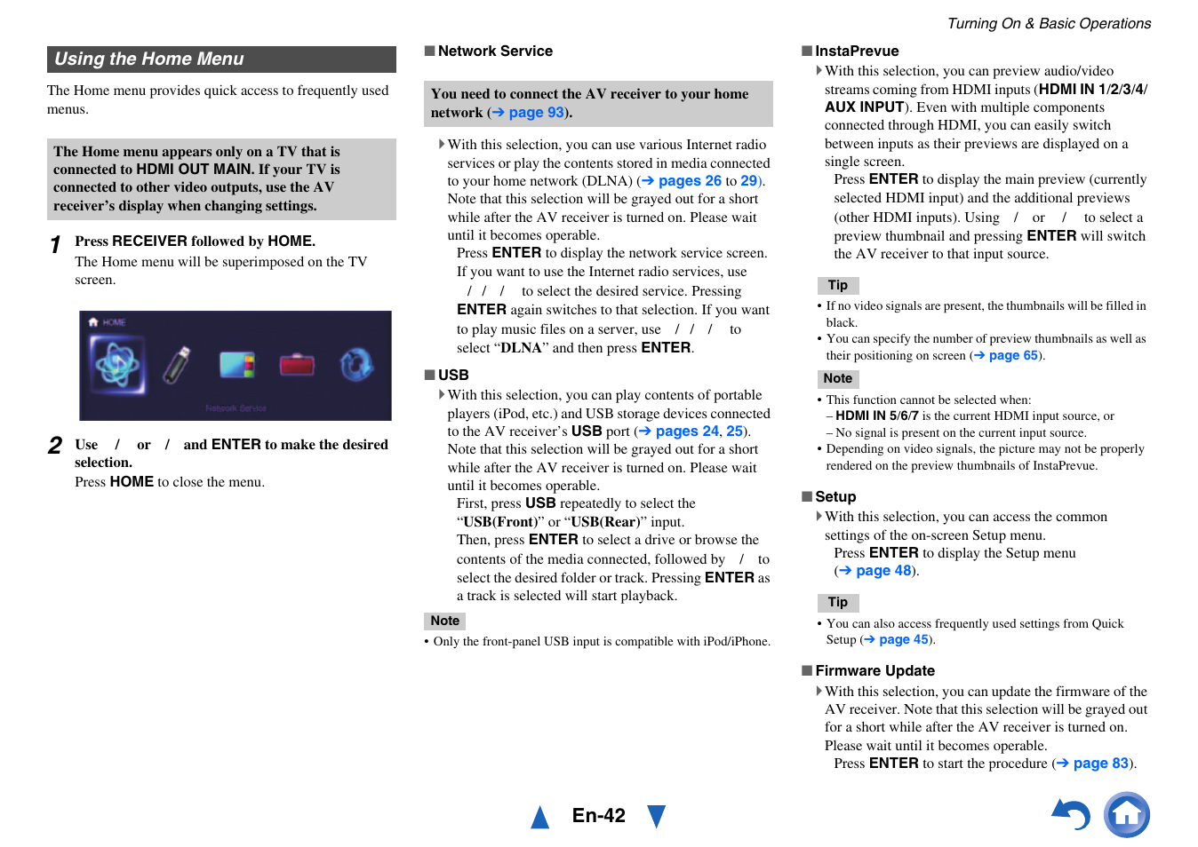 Using the home menu, En-42 | Onkyo AV RECEIVER HT-RC470 User Manual | Page 42 / 144