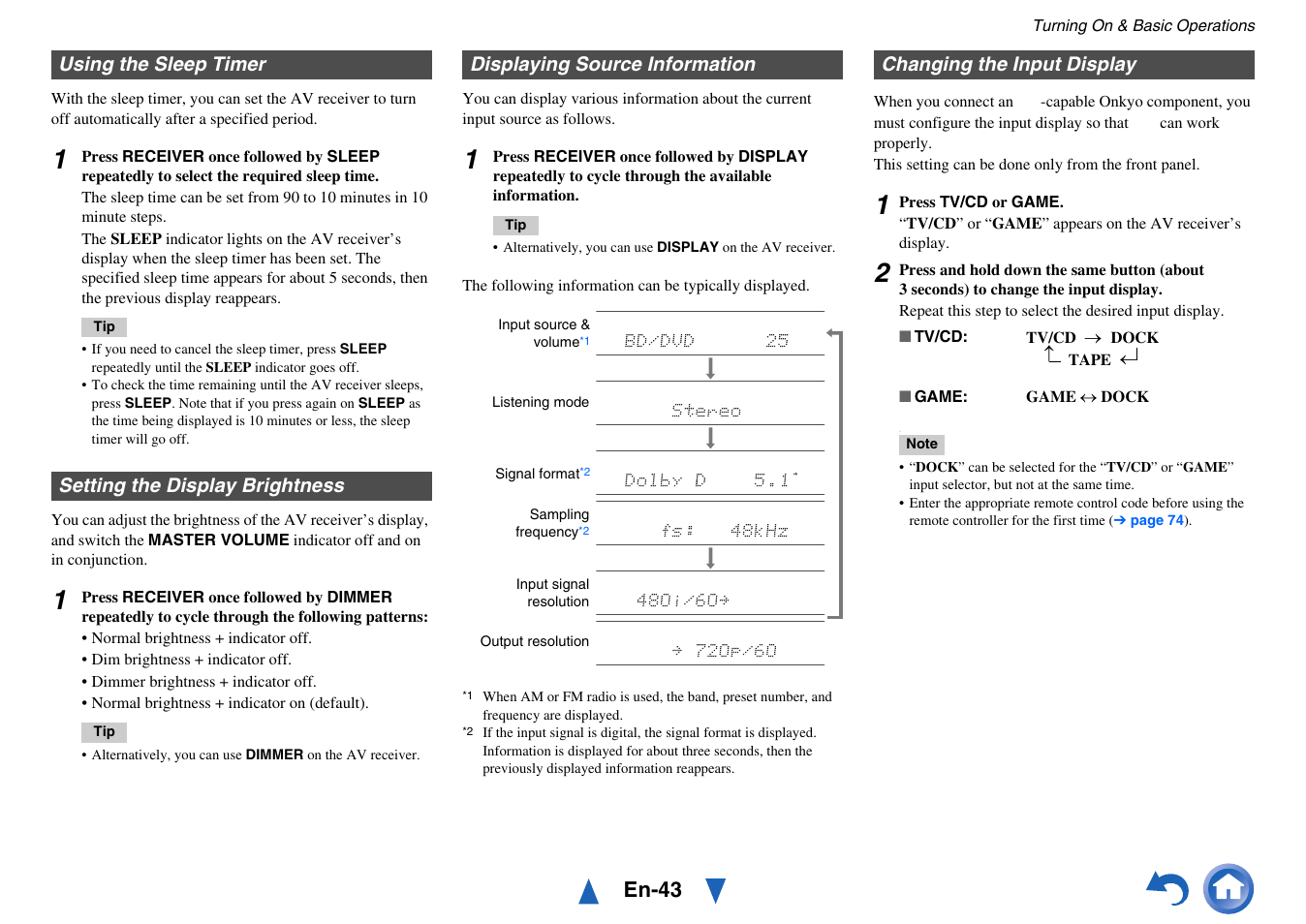 Using the sleep timer, Setting the display brightness, Displaying source information | Changing the input display, See “displaying source information, En-43 | Onkyo AV RECEIVER HT-RC470 User Manual | Page 43 / 144
